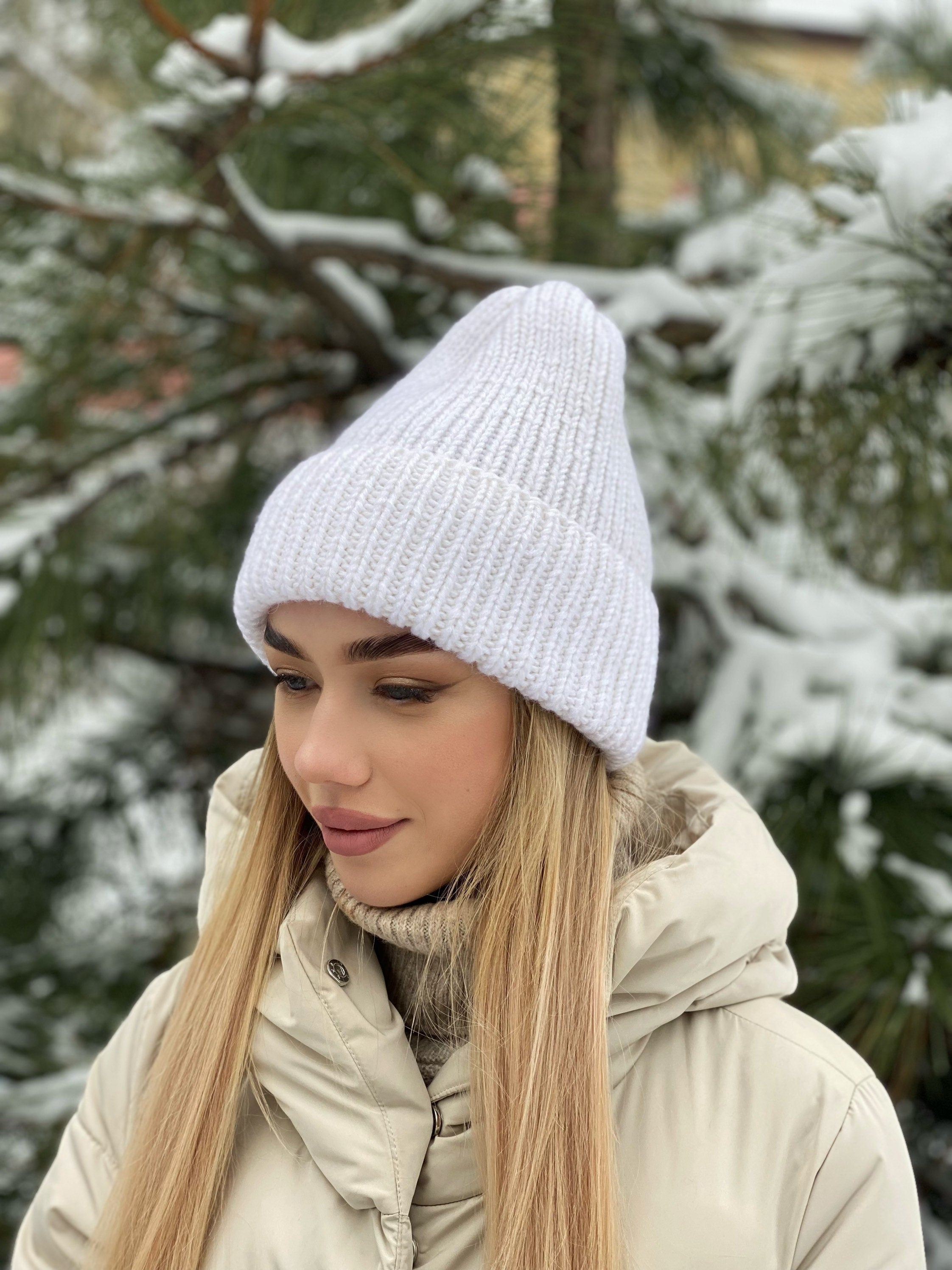 Knitted white wool beanie women Wool winter hat high Chunky White Cable Knit Hat Winter accessories women Gift for her