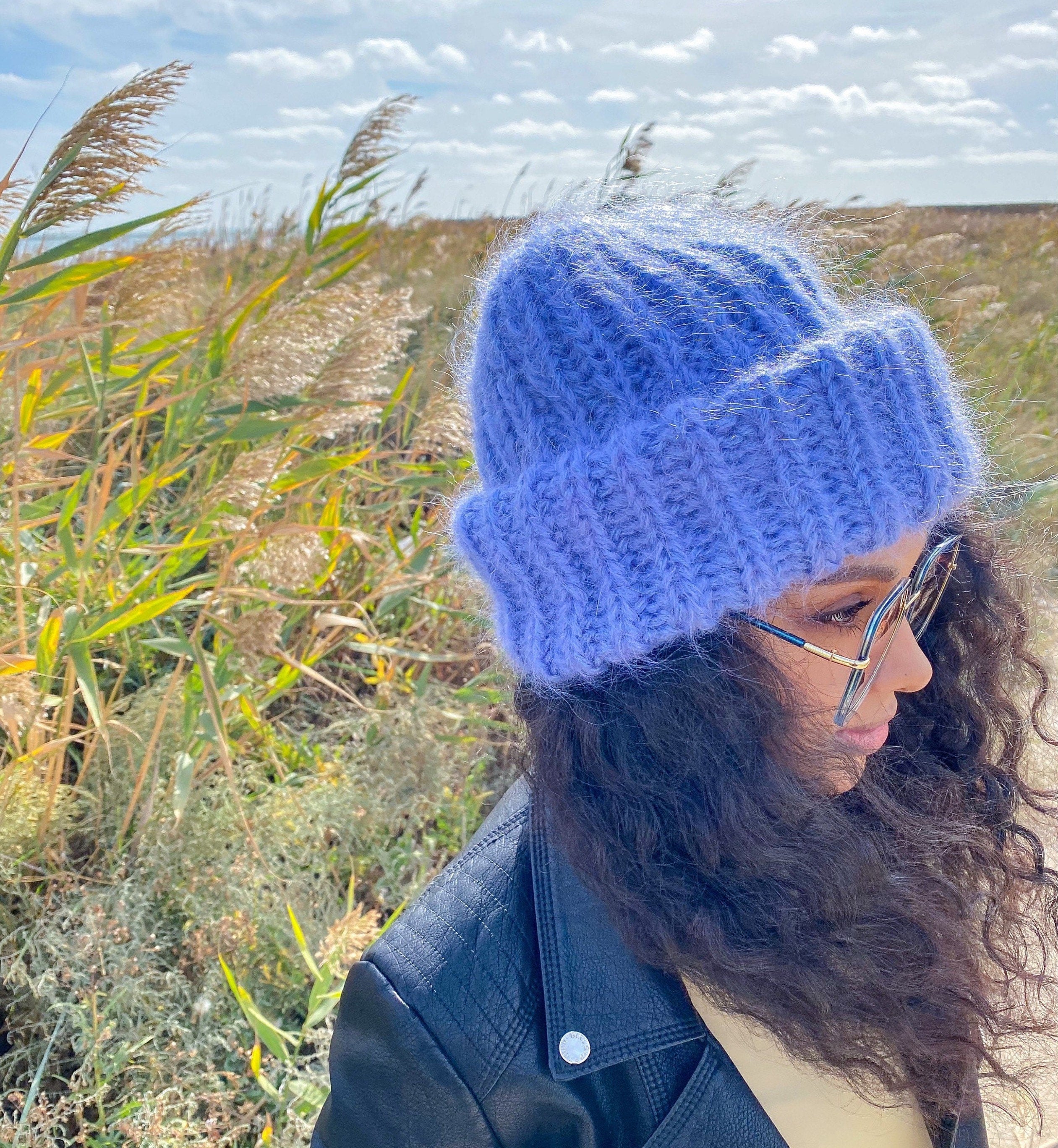 Mohair winter hat blue women Beanie hat blue Knitted fluffy hats Winter accessories Blue mohair Gift for her