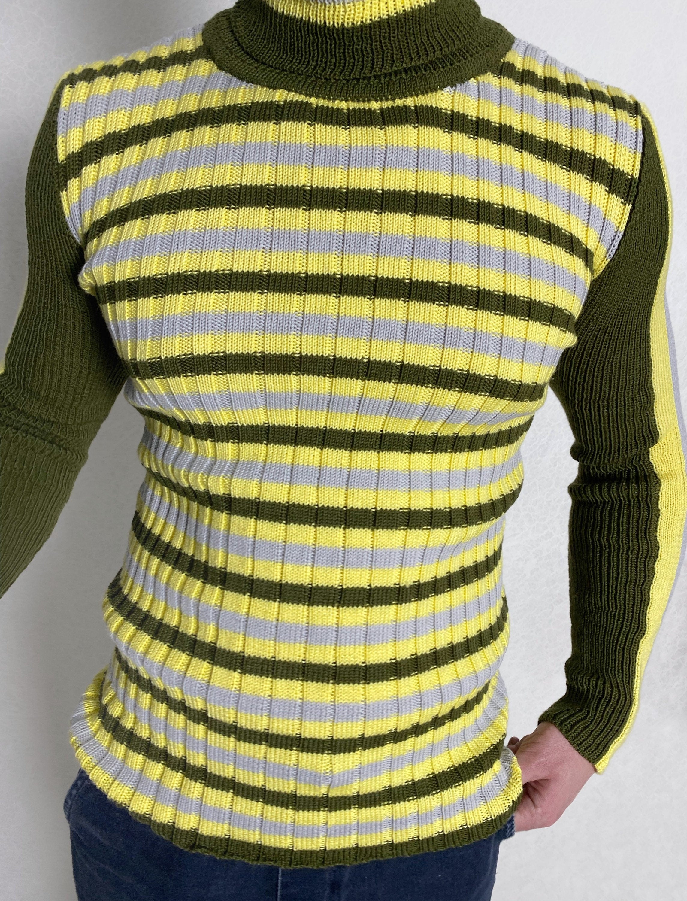 Knit turtleneck for mens Khaki knit sweater for mens Striped jumper high collar Green yellow gray turtleneck mens Mens Fine-knit Turtleneck