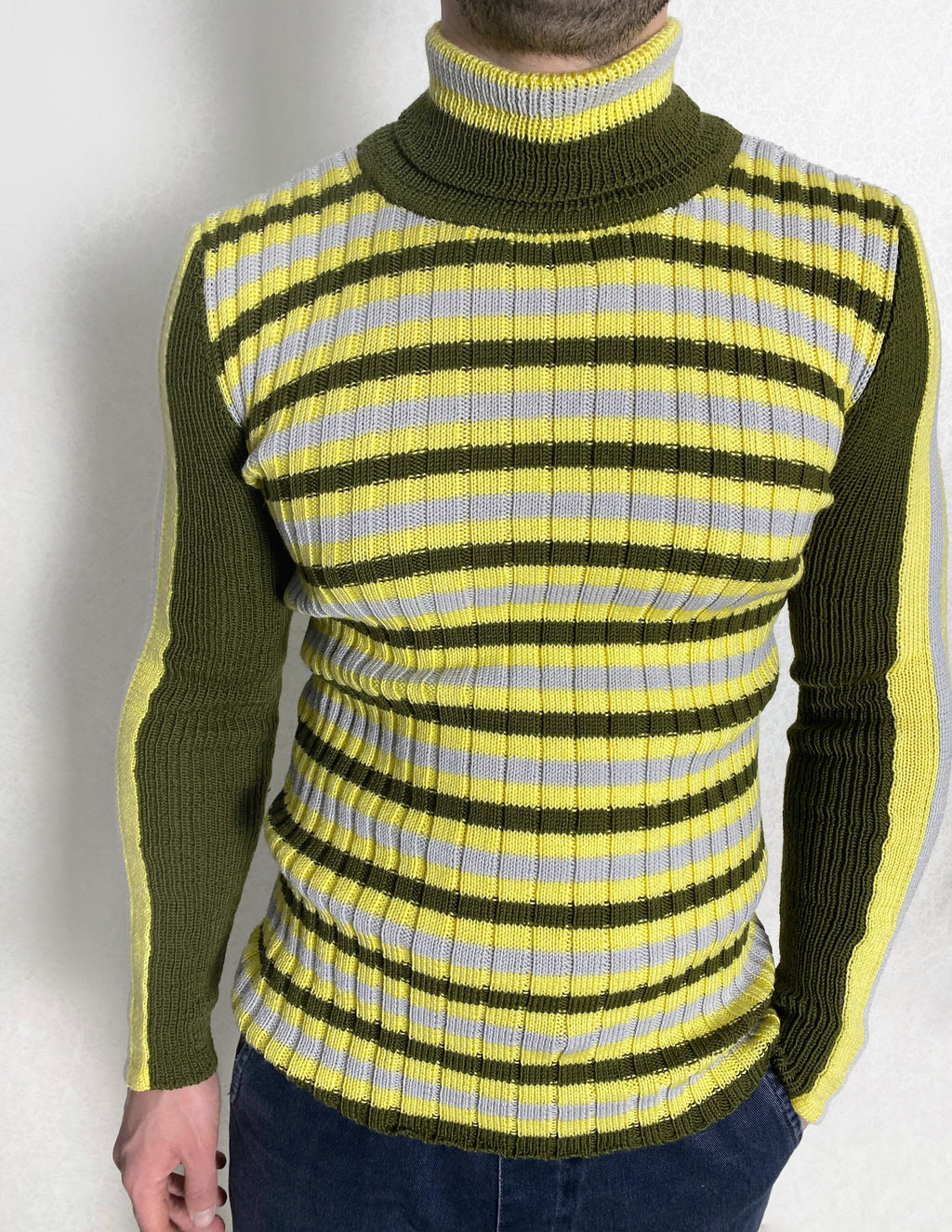 Knit wool turtleneck mens womens Khaki sweater for mens Striped jumper high collar Green yellow gray turtleneck mens Fine-knit Turtleneck