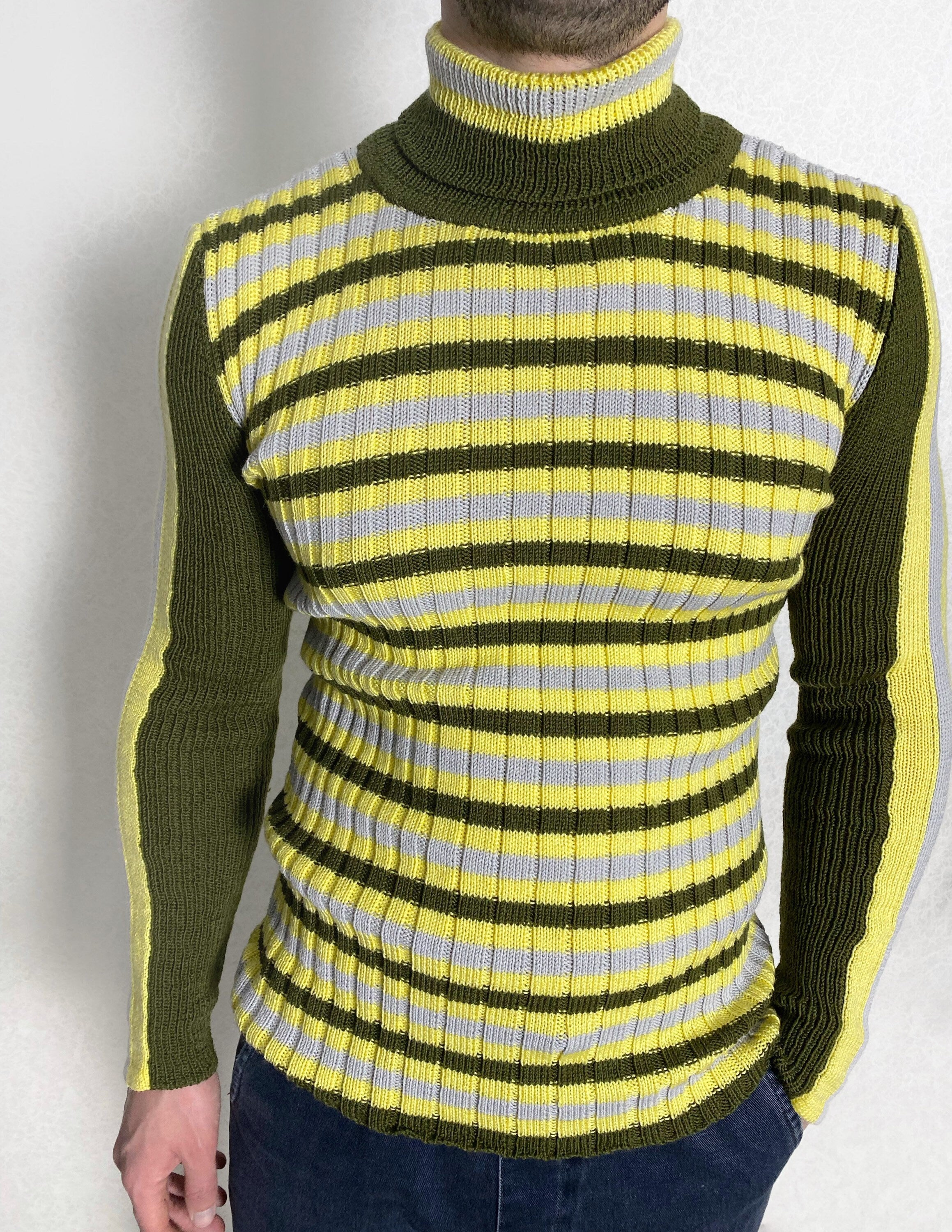 Knit wool turtleneck mens womens Khaki sweater for mens Striped jumper high collar Green yellow gray turtleneck mens Fine-knit Turtleneck