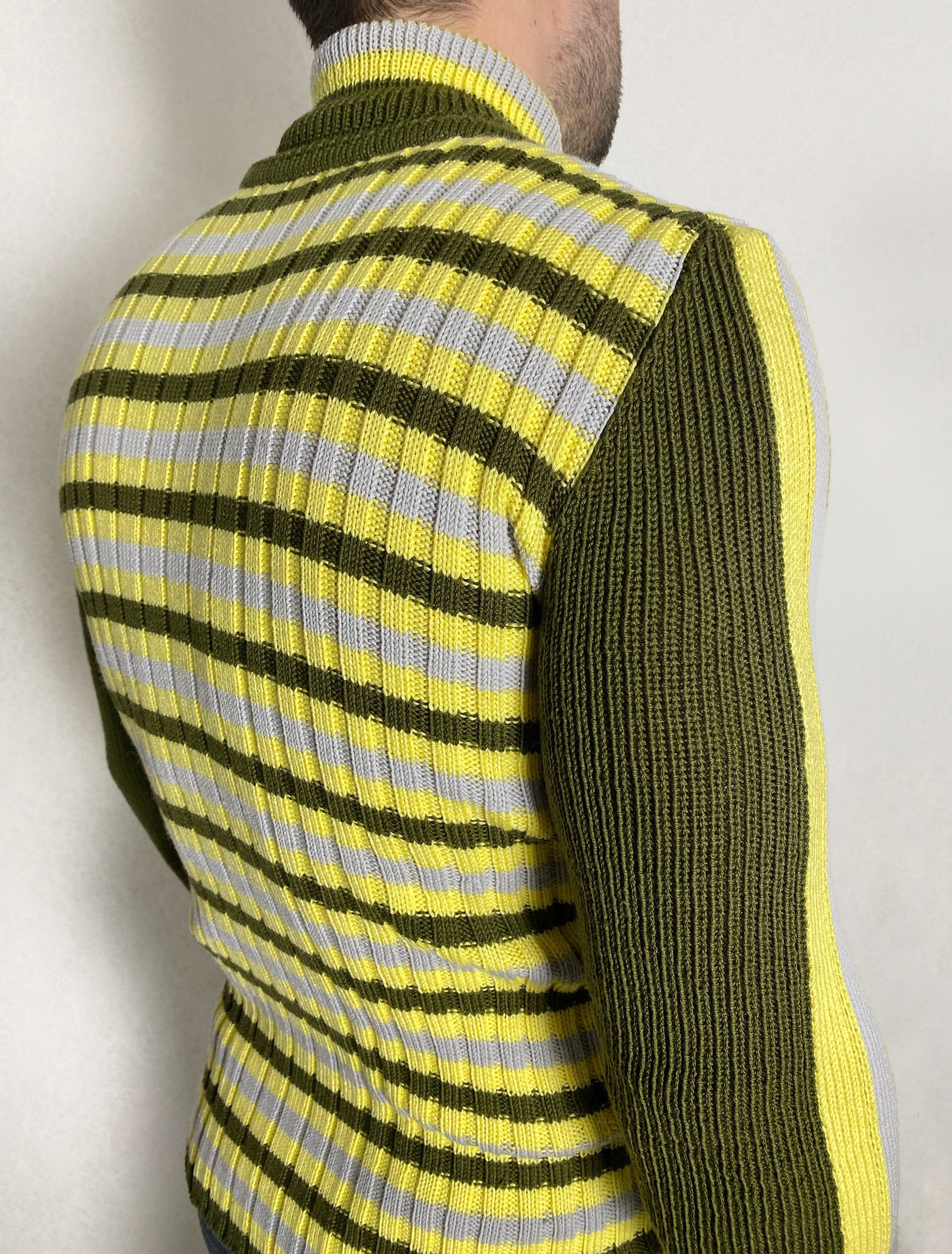 Knit wool turtleneck mens womens Khaki sweater for mens Striped jumper high collar Green yellow gray turtleneck mens Fine-knit Turtleneck