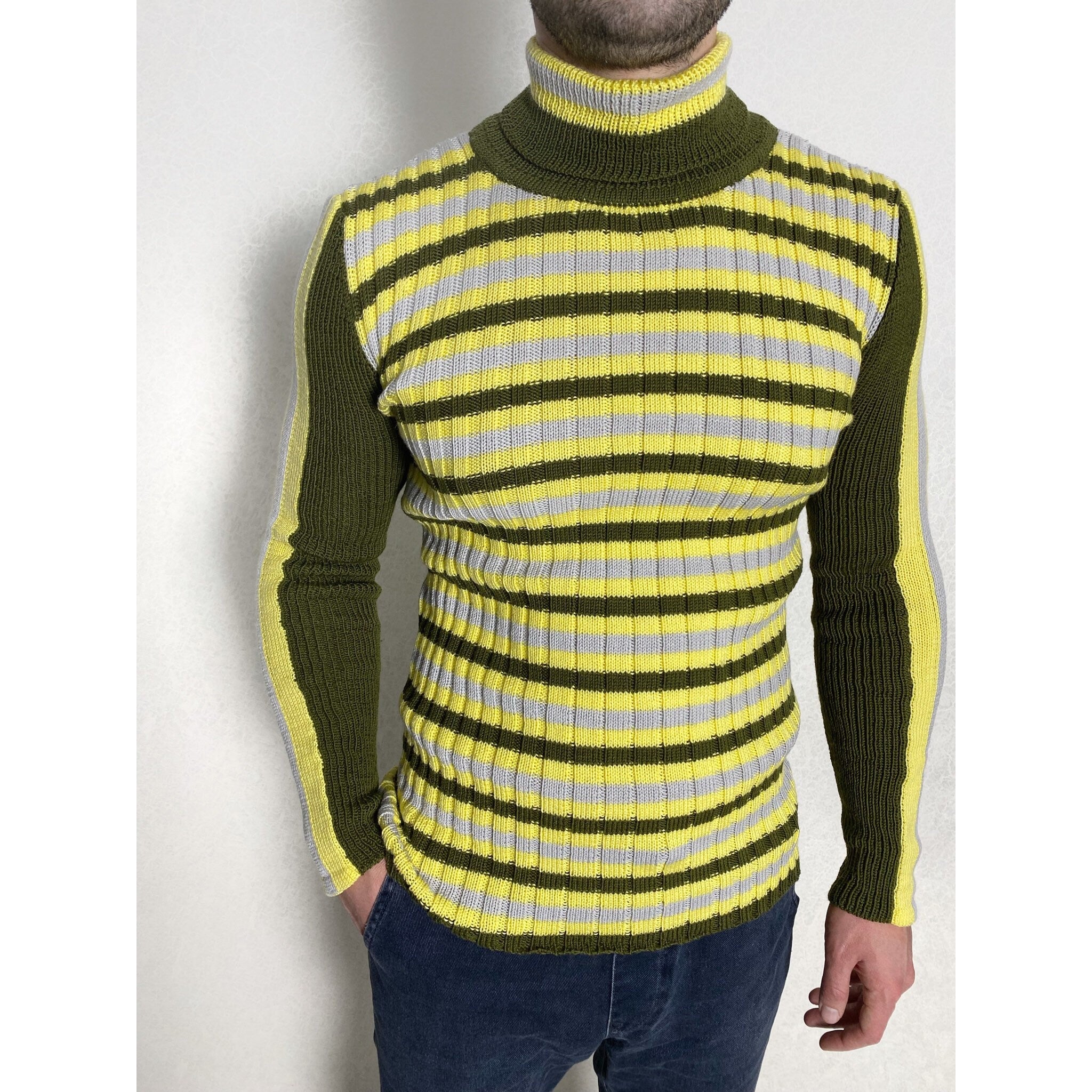 Knit wool turtleneck mens womens Khaki sweater for mens Striped jumper high collar Green yellow gray turtleneck mens Fine-knit Turtleneck