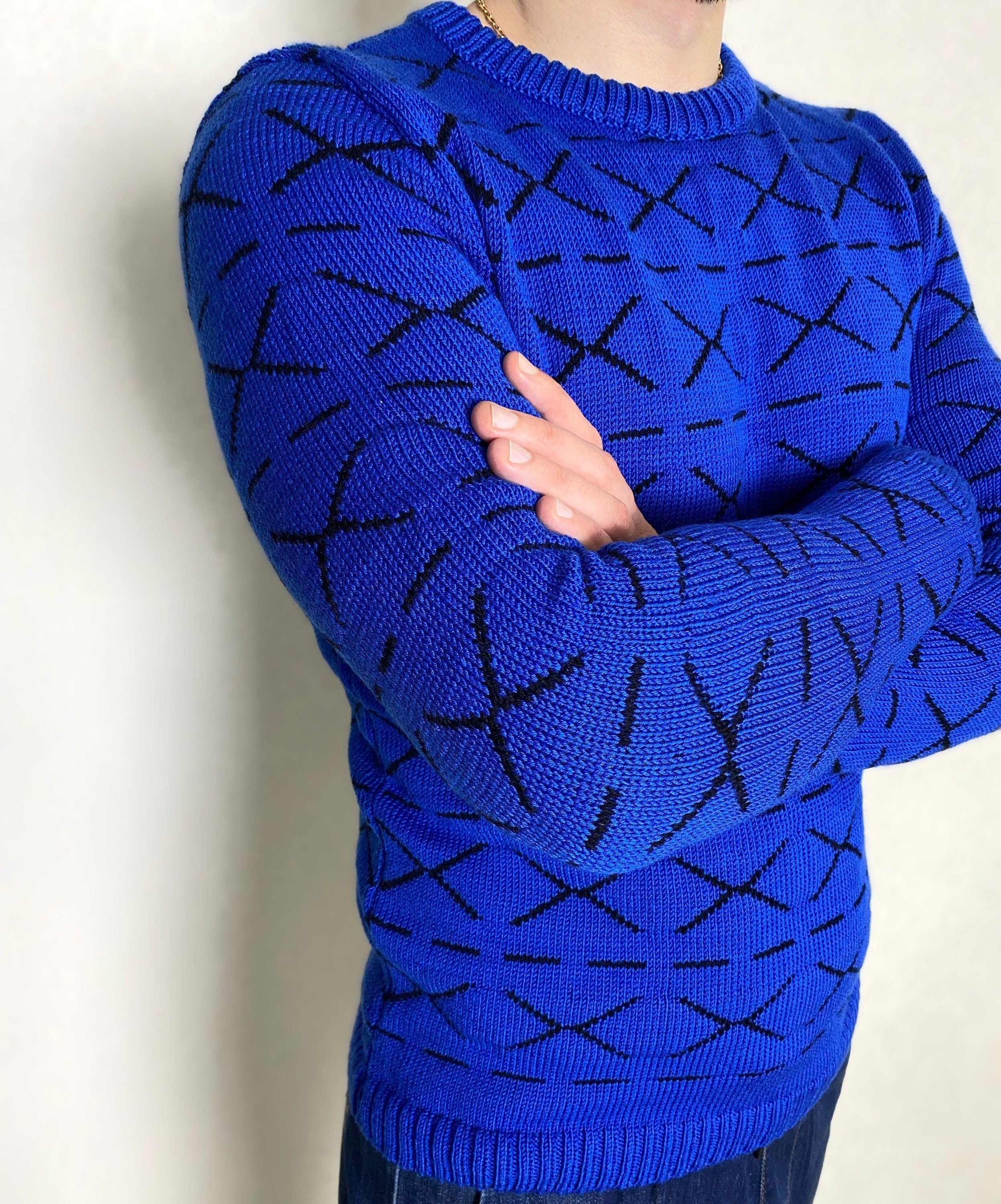 Funny printed hand knitted X sweater Blue Black Cross Pullover Merino wool mens sweater Striped sweater Round collar Funny gift for him