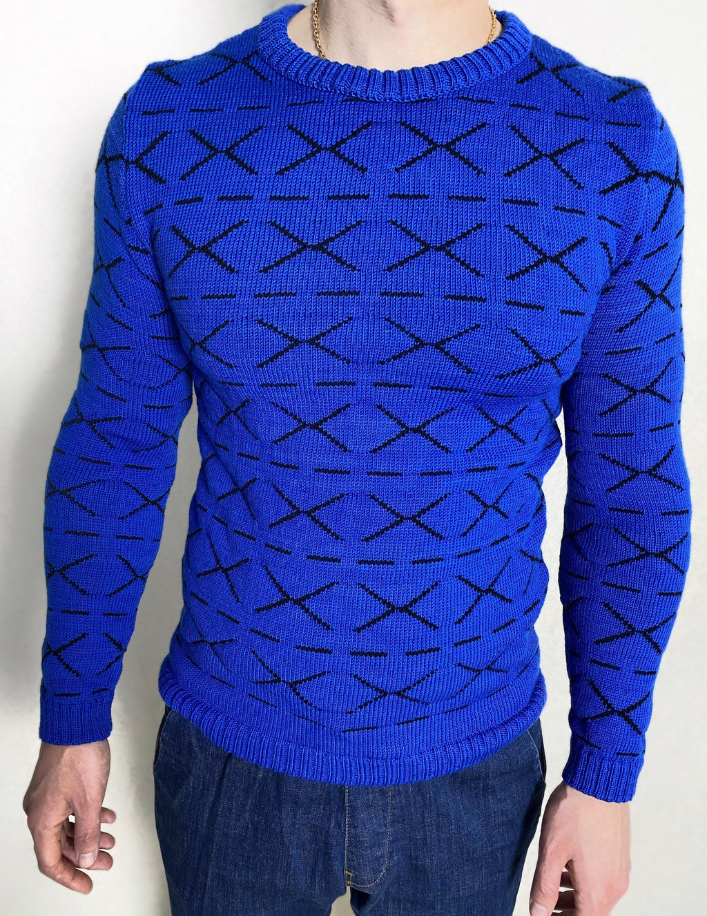 Funny printed hand knitted X sweater Blue Black Cross Pullover Merino wool mens sweater Striped sweater Round collar Funny gift for him