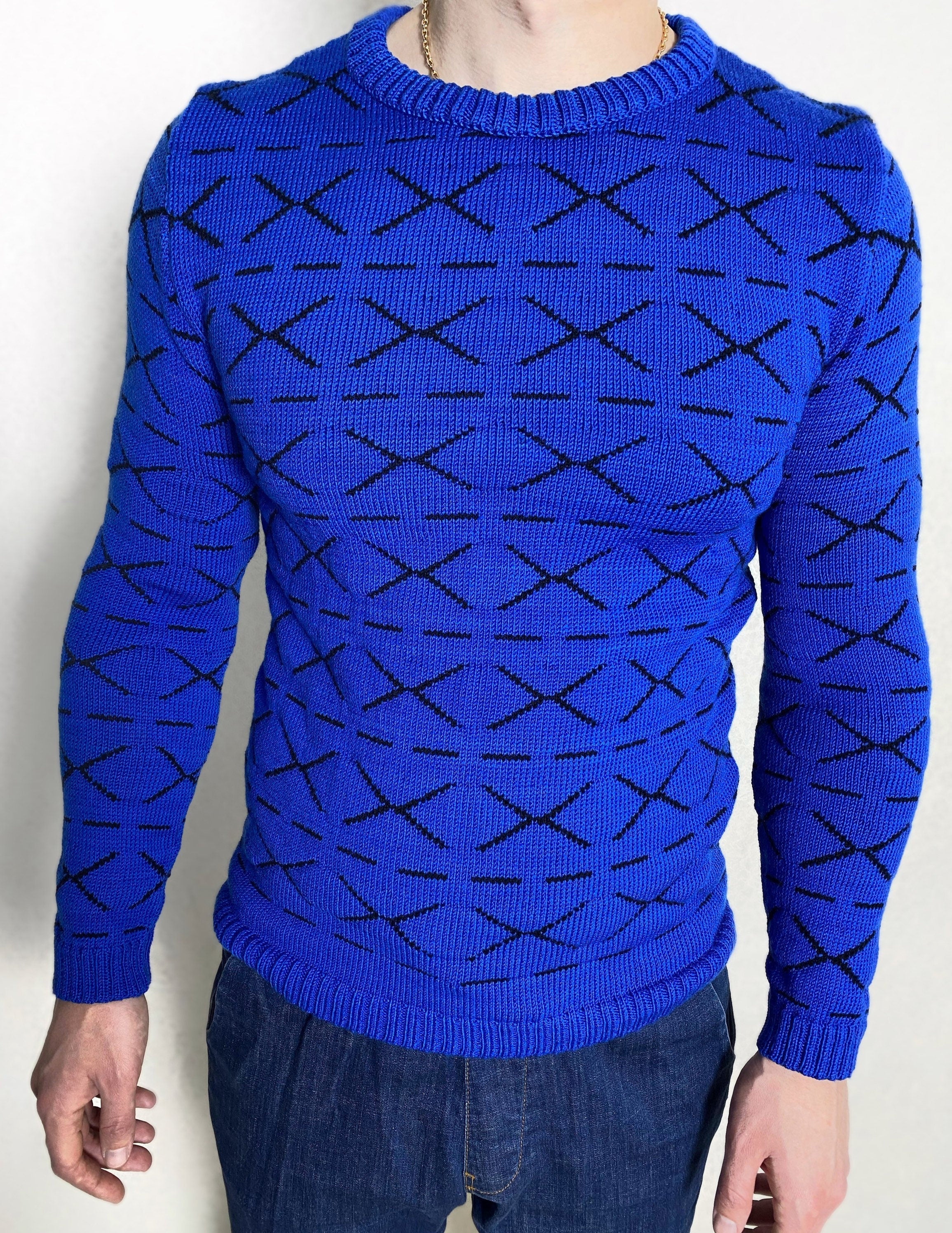 Funny printed hand knitted X sweater Blue Black Cross Pullover Merino wool mens sweater Striped sweater Round collar Funny gift for him