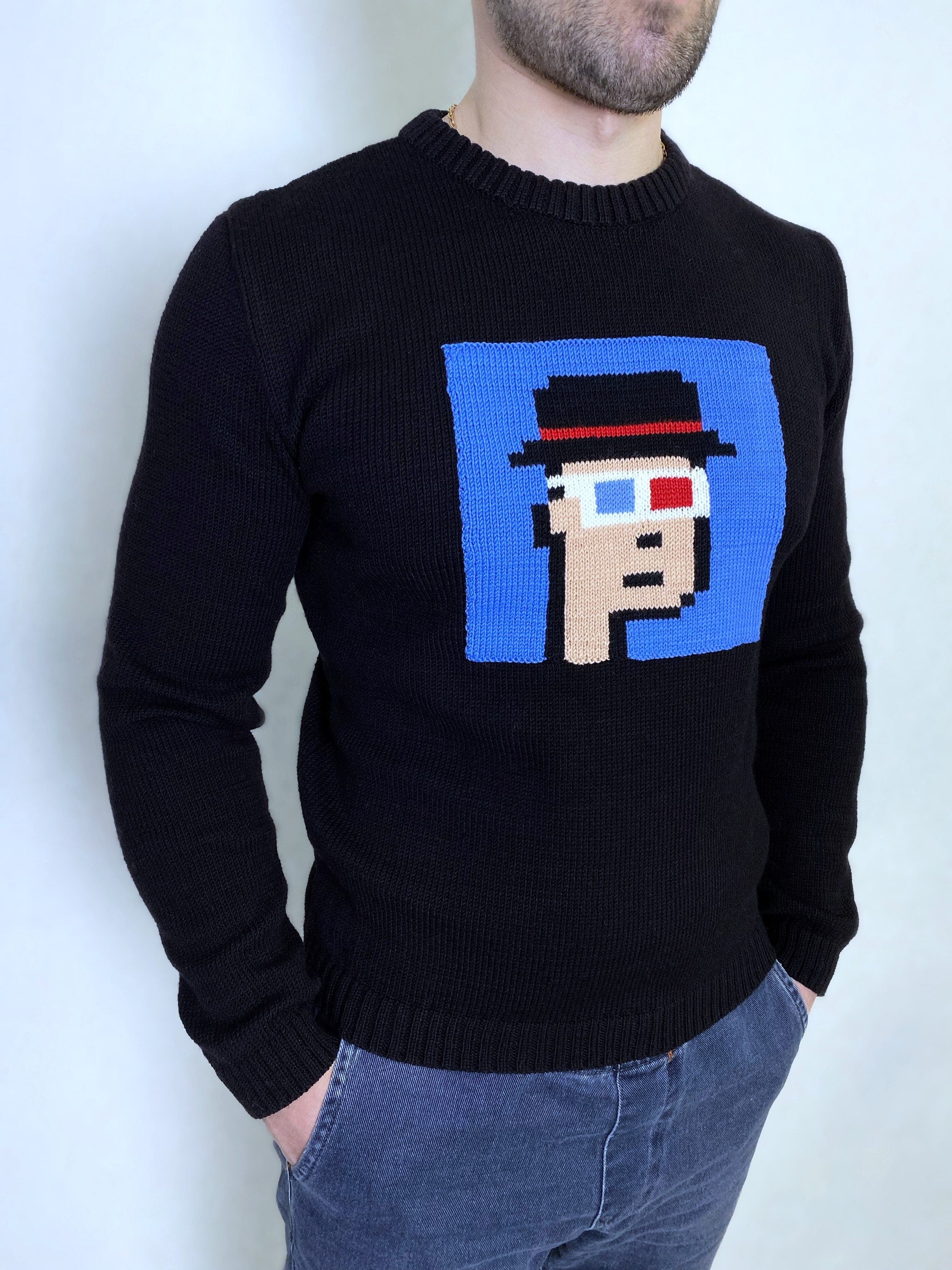 Knit black merino wool sweater Crypto jumper pixel unisex Funny Knit merino black blue bitcoin sweater ethereum ugly sweater gifts for him