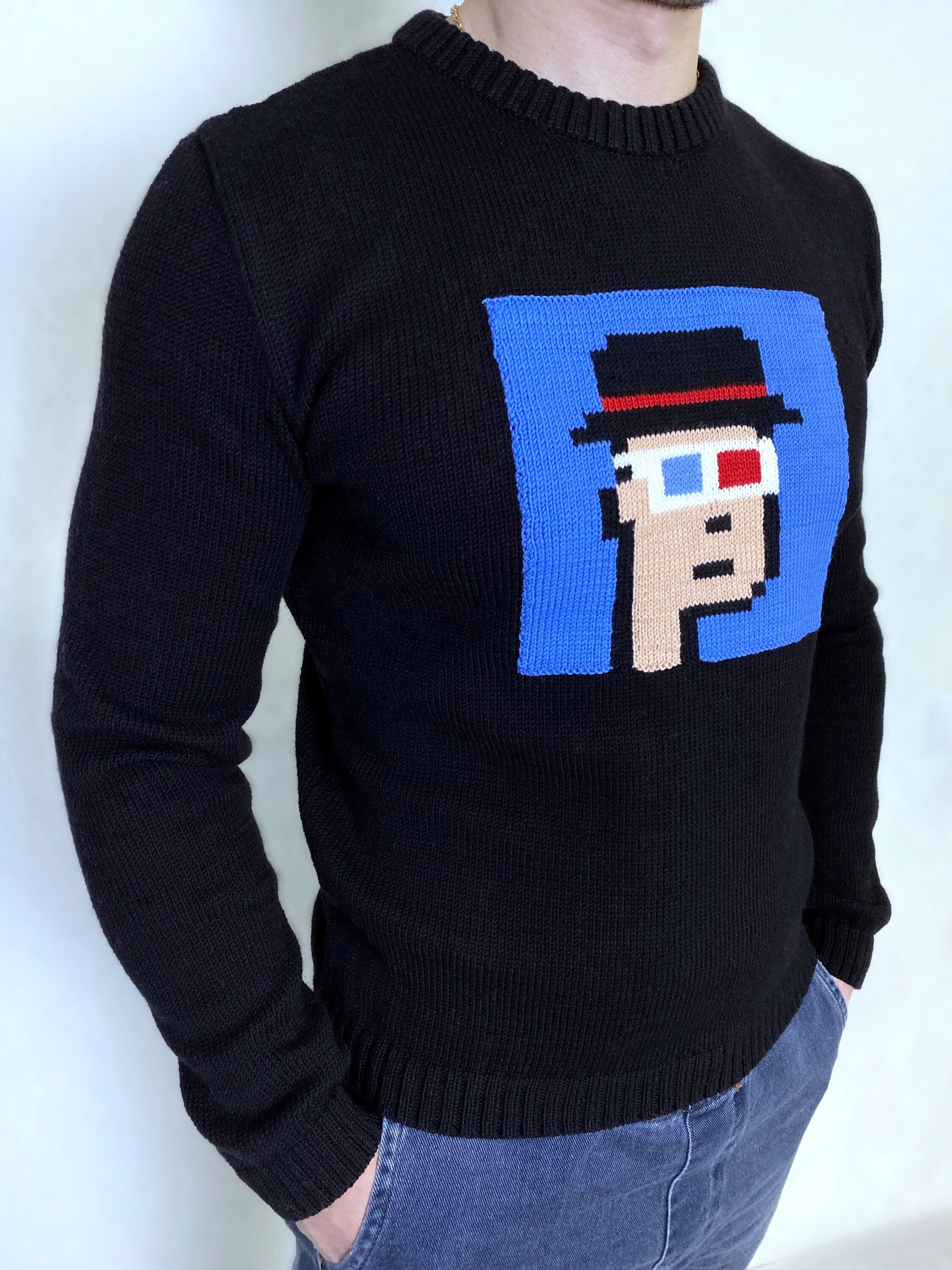 Knit black merino wool sweater Crypto jumper pixel unisex Funny Knit merino black blue bitcoin sweater ethereum ugly sweater gifts for him