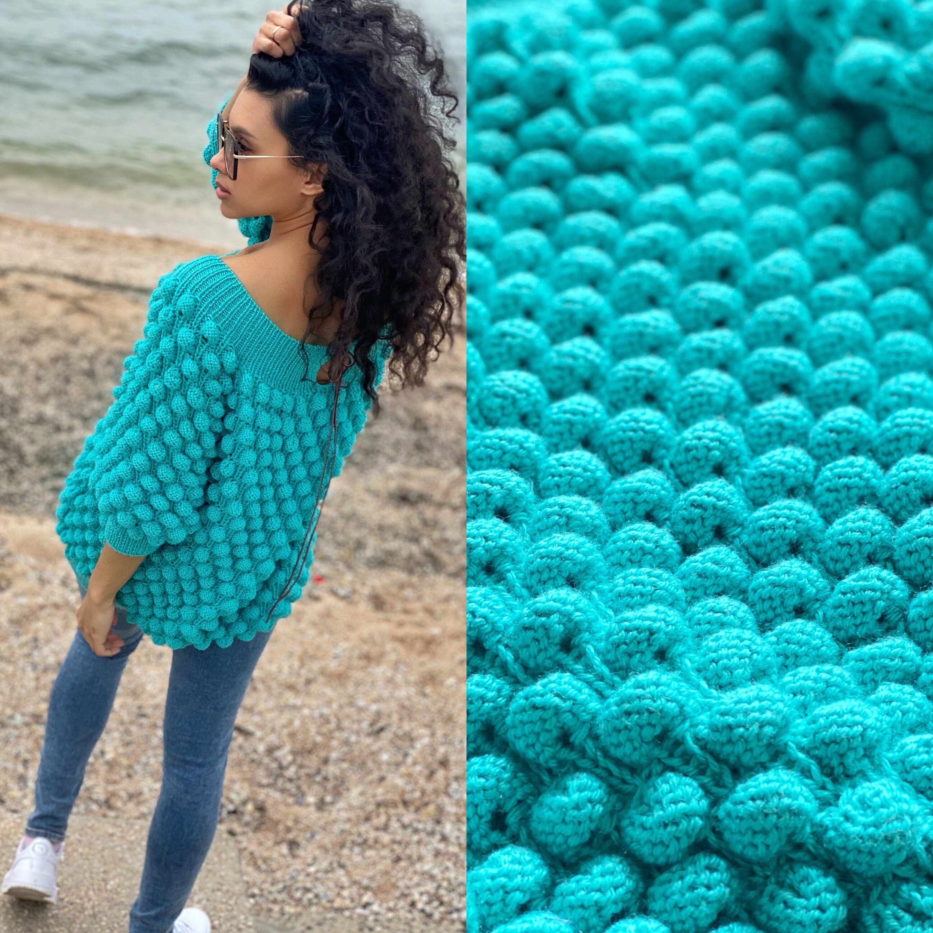 Hand knit sweater dress women Turquoise big sweater women Off shoulder balloons pullover Cable knit oversize sweater Chunky knit sweater