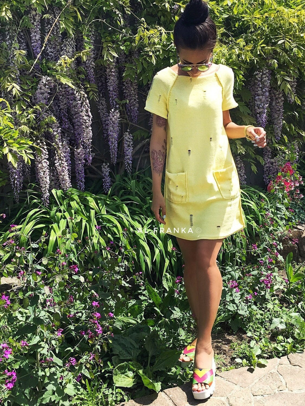 Knit organic cotton mini yellow dress short sleeve Vintage style dress Summer lemon milk dress Beach dress Distressed Sweater dress