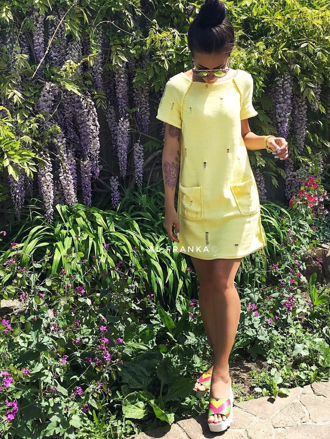Knit organic cotton mini yellow dress short sleeve Vintage style dress Summer lemon milk dress Beach dress Distressed Sweater dress