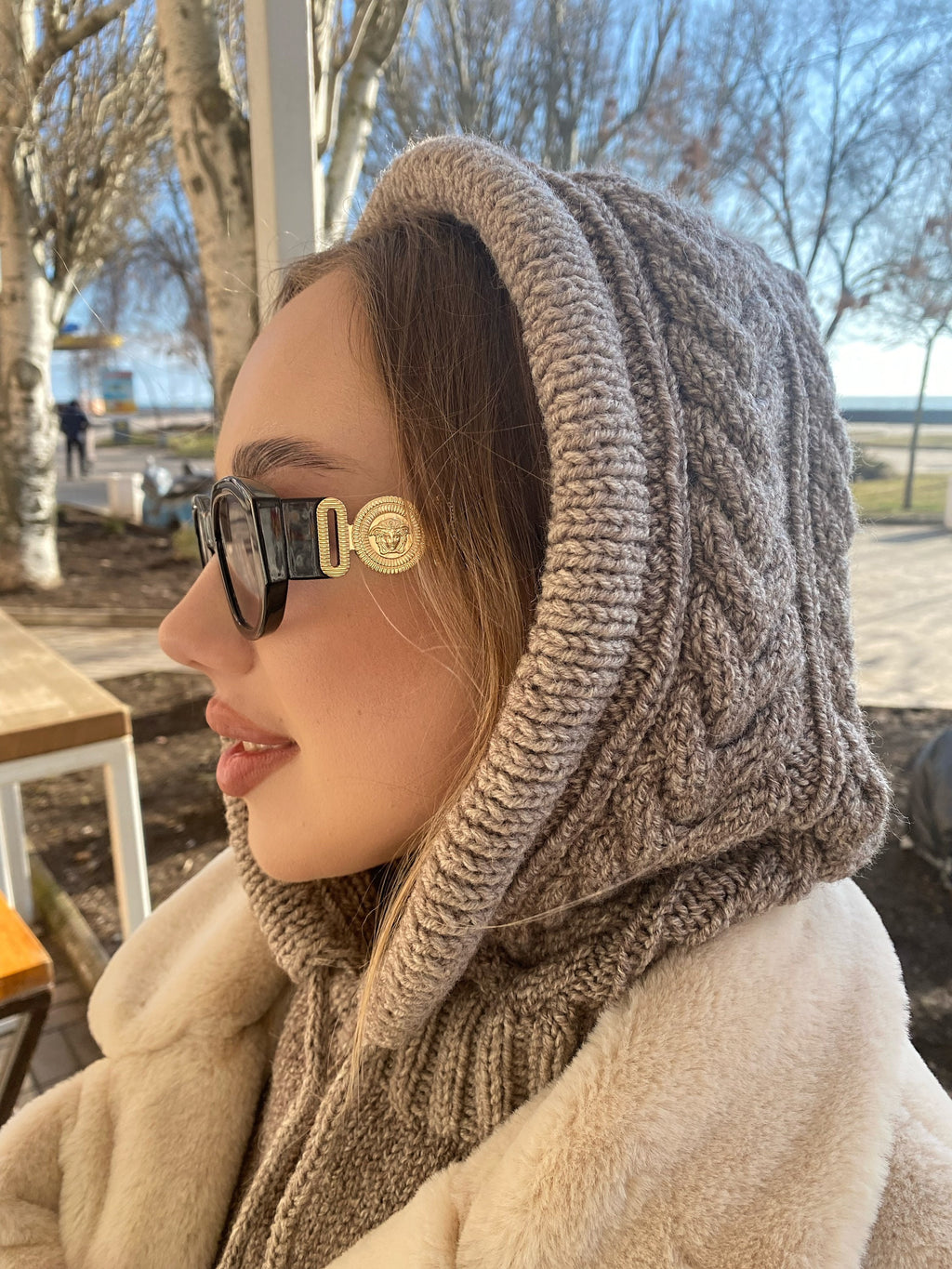 Knit Wool Hooded Scarf Kapor Shirt Hand Knitted balaclava hat Wool Knit Snood Wool Shrug Winter hat scarf Winter gift for her