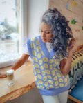 Cable knit Sweater Vest Women/blue sweater vest yellow print/vintage knit vest women/lemon print/long knit vest/Winter warm vest