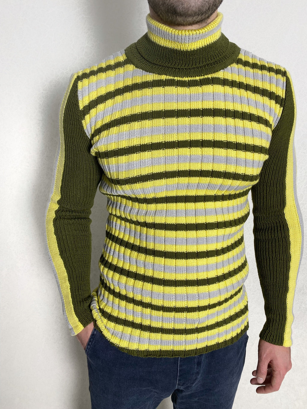 Knit wool turtleneck mens womens Khaki sweater for mens Striped jumper high collar Green yellow gray turtleneck mens Fine-knit Turtleneck