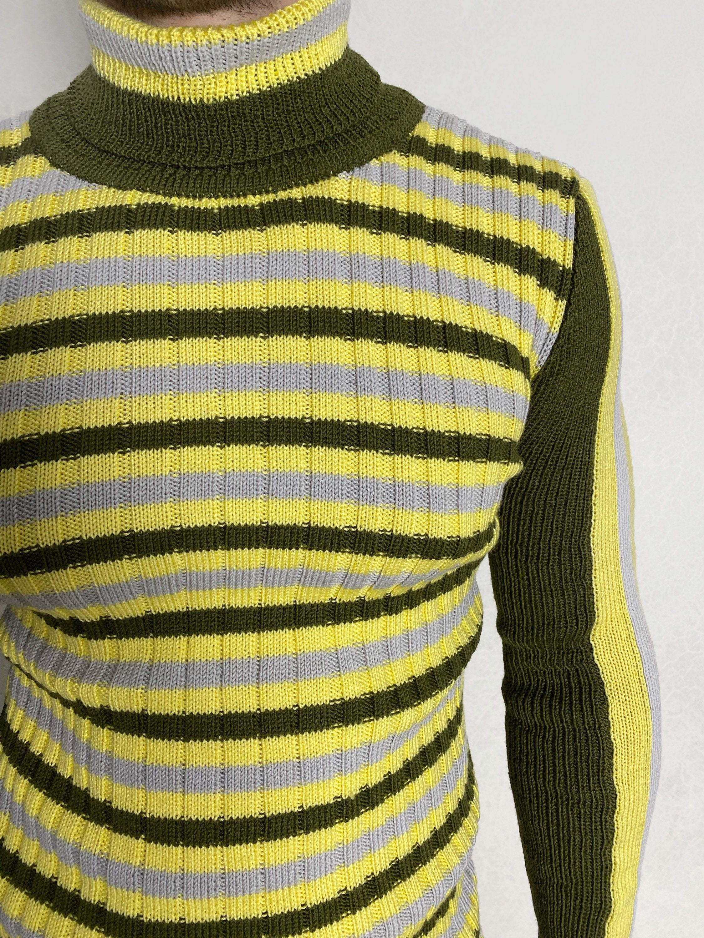Knit wool turtleneck mens womens Khaki sweater for mens Striped jumper high collar Green yellow gray turtleneck mens Fine-knit Turtleneck