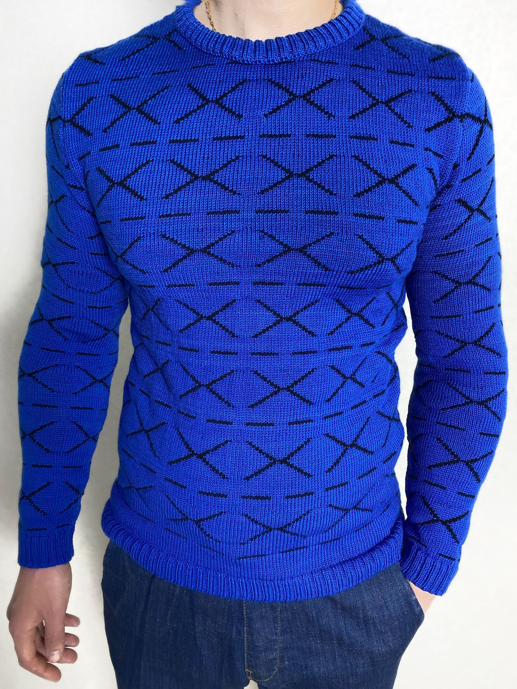 Funny printed hand knitted X sweater Blue Black Cross Pullover Merino wool mens sweater Striped sweater Round collar Funny gift for him