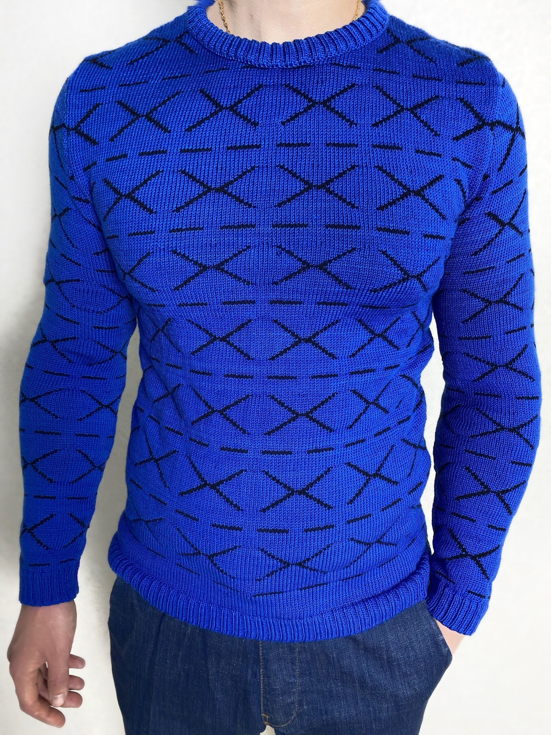 Funny printed hand knitted X sweater Blue Black Cross Pullover Merino wool mens sweater Striped sweater Round collar Funny gift for him