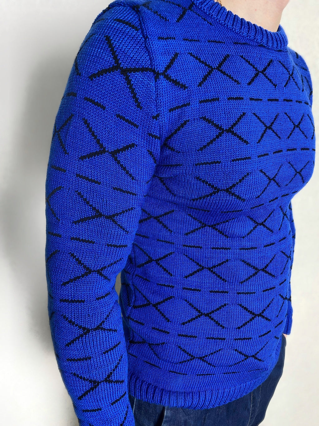 Funny printed hand knitted X sweater Blue Black Cross Pullover Merino wool mens sweater Striped sweater Round collar Funny gift for him