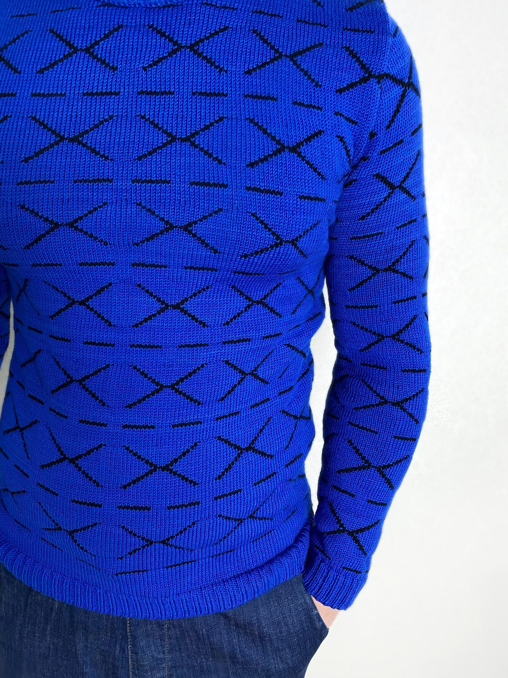 Funny printed hand knitted X sweater Blue Black Cross Pullover Merino wool mens sweater Striped sweater Round collar Funny gift for him