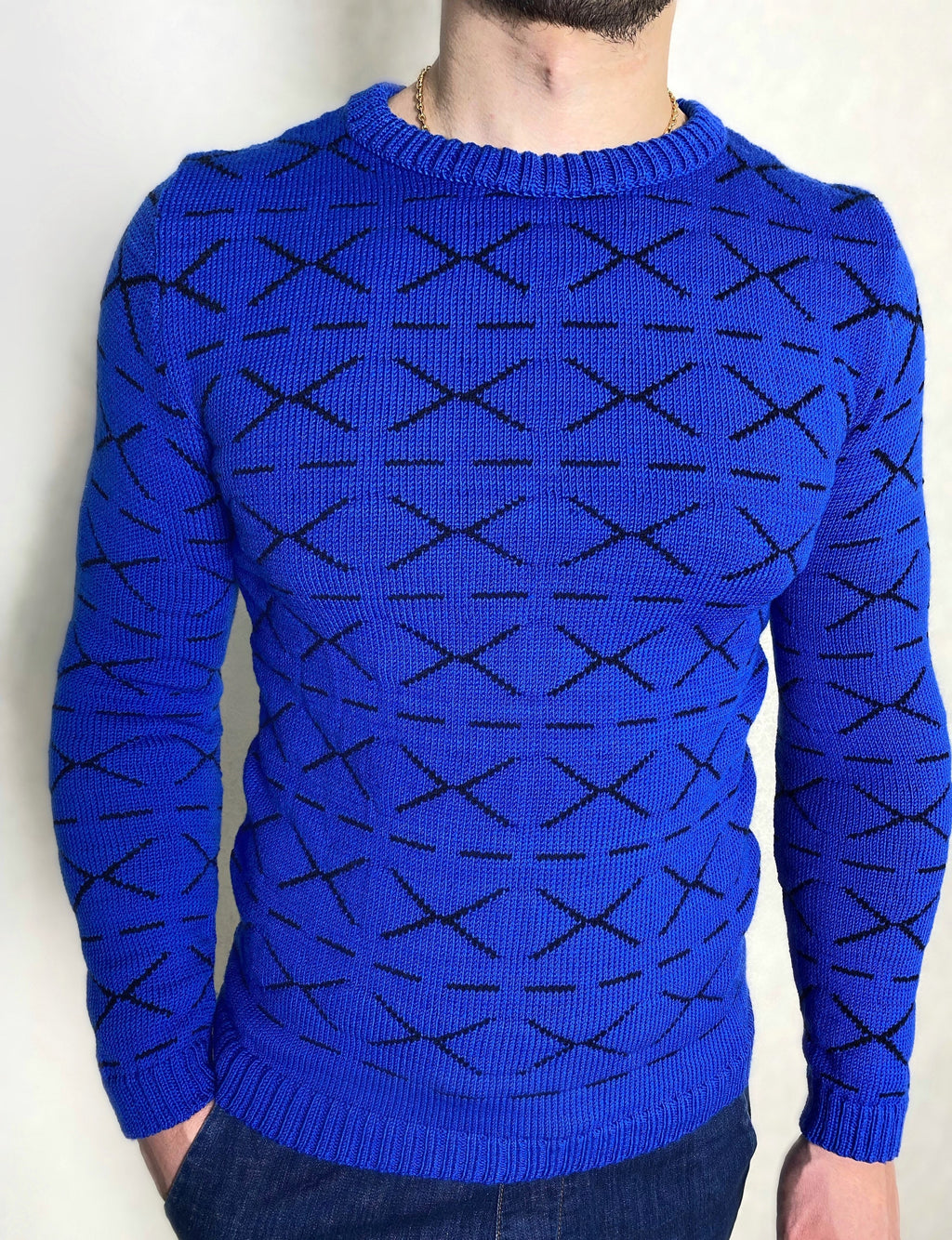 Funny printed hand knitted X sweater Blue Black Cross Pullover Merino wool mens sweater Striped sweater Round collar Funny gift for him
