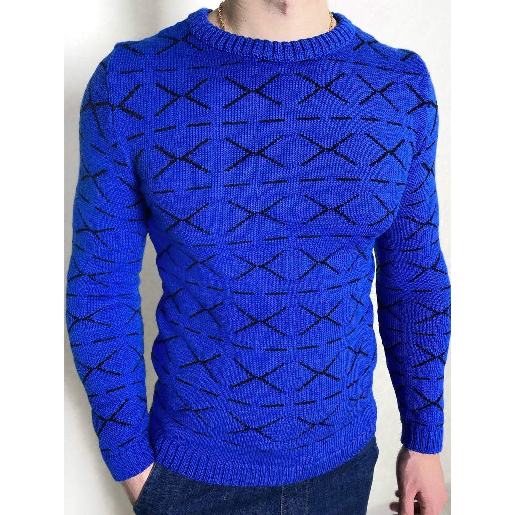 Funny printed hand knitted X sweater Blue Black Cross Pullover Merino wool mens sweater Striped sweater Round collar Funny gift for him