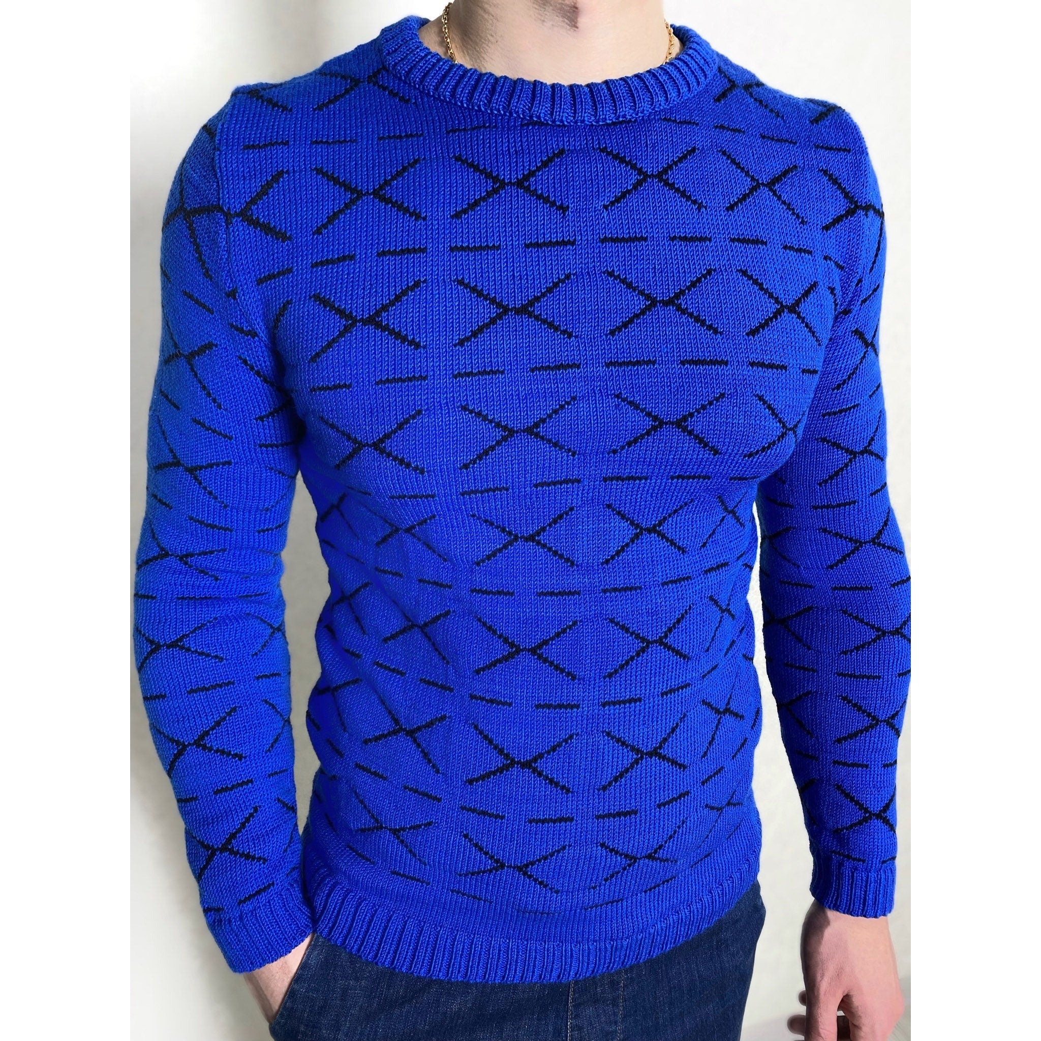 Funny printed hand knitted X sweater Blue Black Cross Pullover Merino wool mens sweater Striped sweater Round collar Funny gift for him