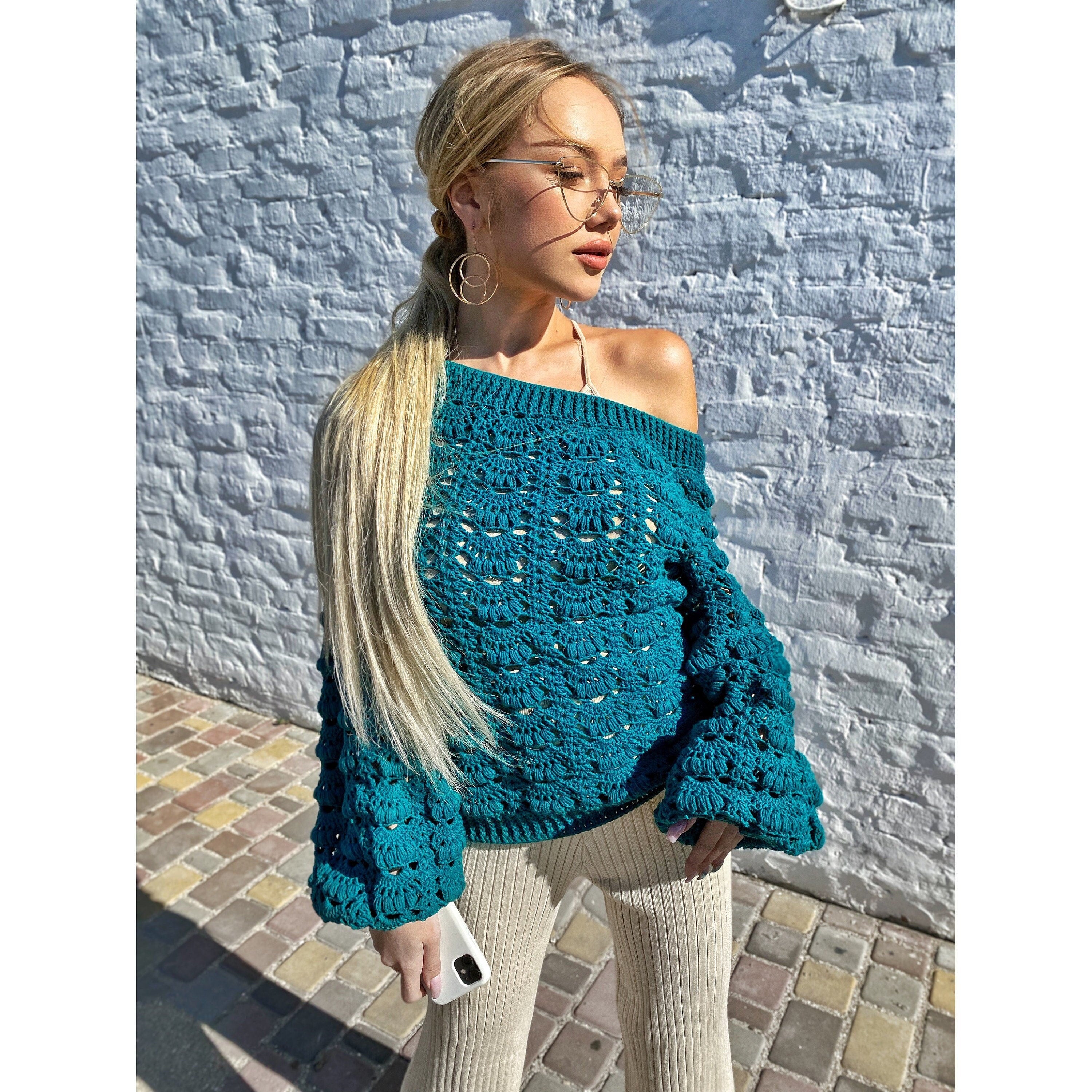 Сrochet blouse Crochet boho emerald sweater Cotton green one shoulder blouse sweater Sweater open shoulders summer sweater women