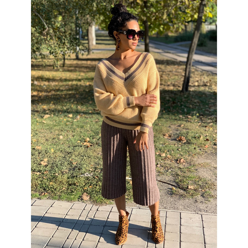 Knitted beige set sweater pants/Pleated Pants/Cream Cable/Knit Set Suit/Two Piece/knit Sweater/Culottes/pleated/beige set/wide pants