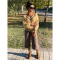 Knitted beige set sweater pants/Pleated Pants/Cream Cable/Knit Set Suit/Two Piece/knit Sweater/Culottes/pleated/beige set/wide pants