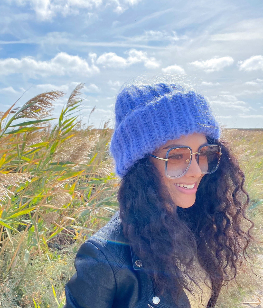 Mohair winter hat blue women Beanie hat blue Knitted fluffy hats Winter accessories Blue mohair Gift for her