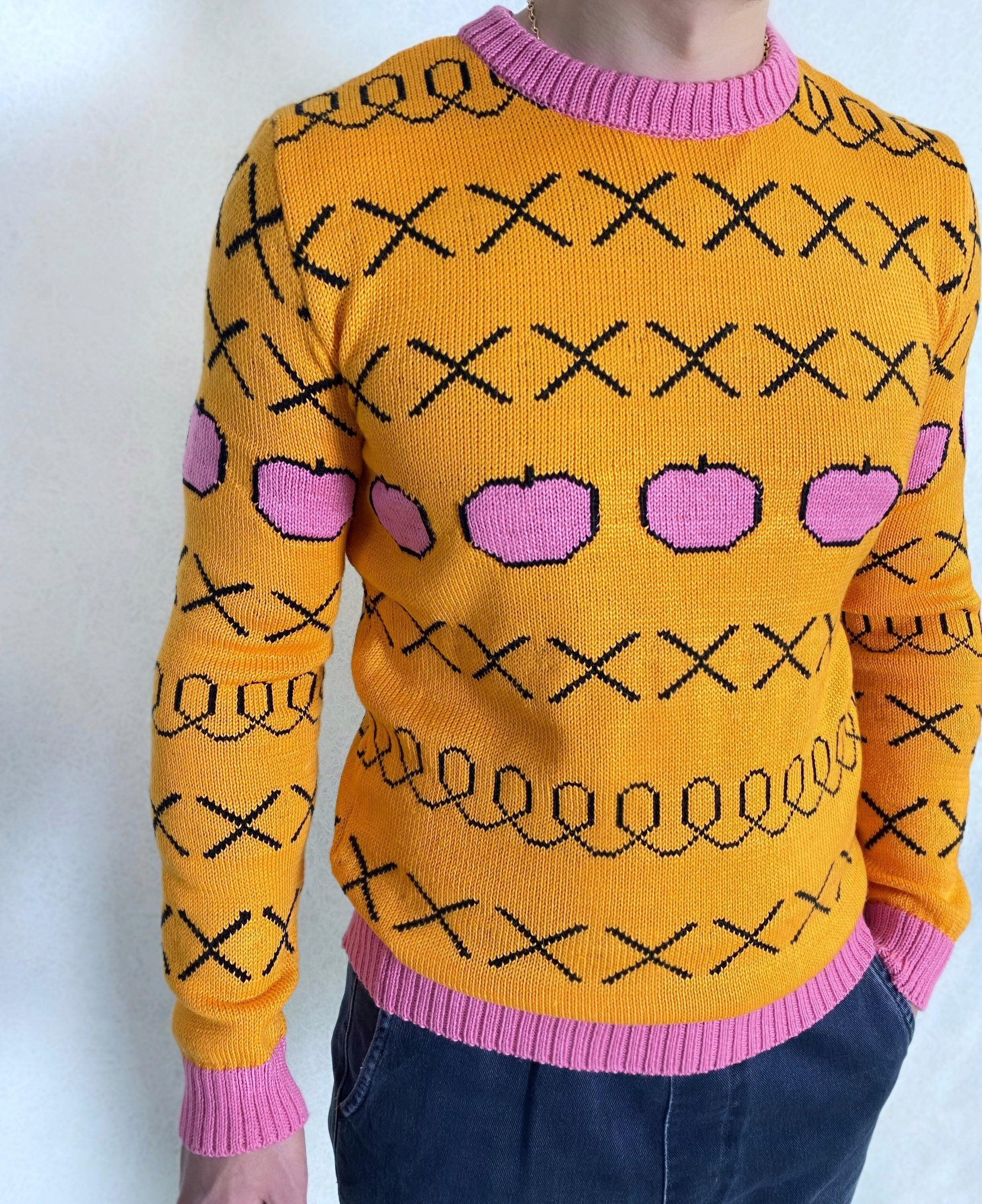 Hand knit yellow sweater Yellow pink orange X knit apples pullover Men’s knitted sweater Pink apples