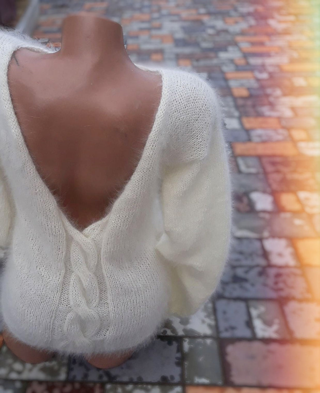 White milk angora sweater Open back Deep neckline Knit fluffy angora pullover Loose fit oversized V-neck Fluffy Top long sleevs Cozy gift
