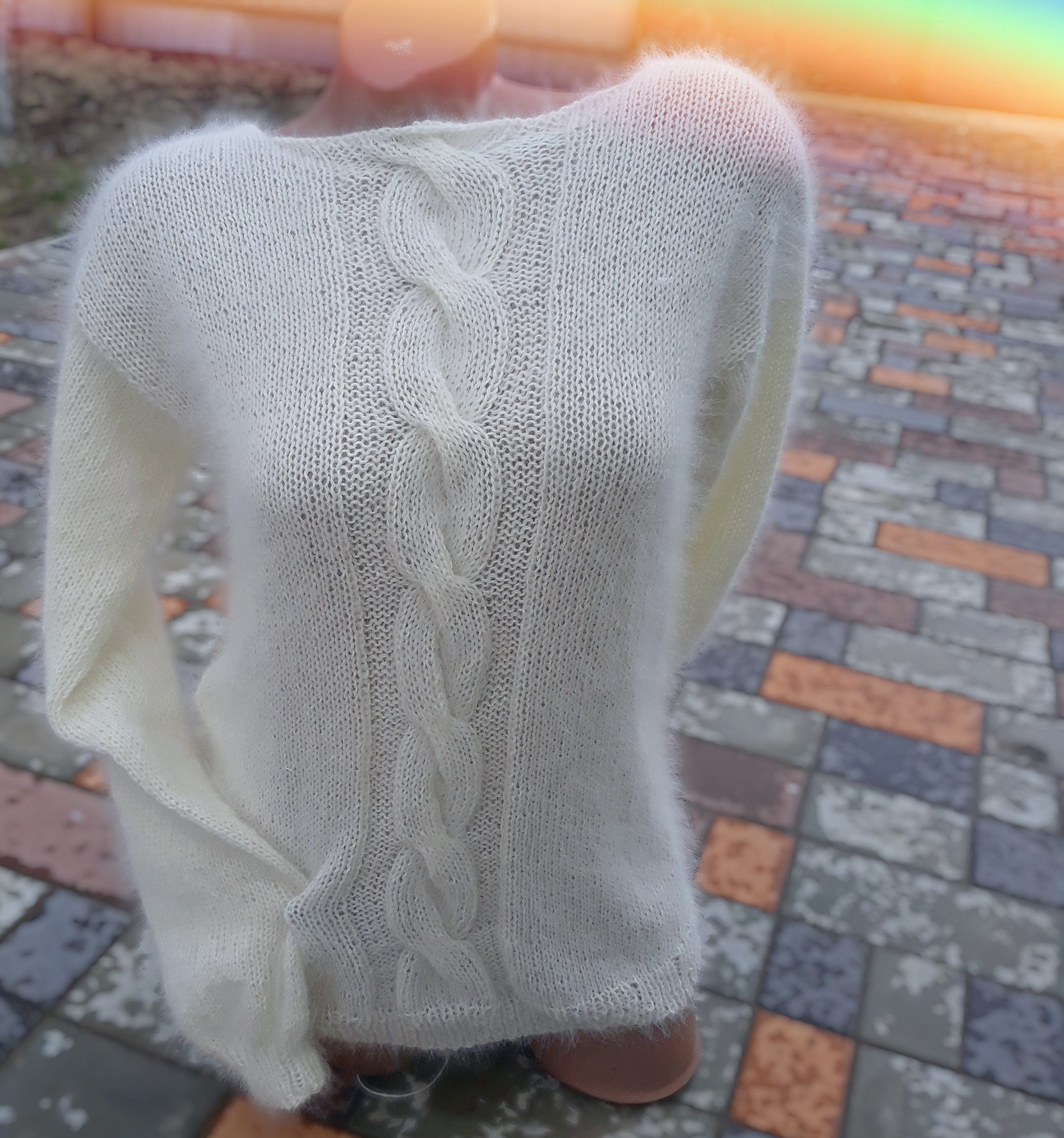 White Milk angora sweater Open back Deep neckline Knit fluffy angora pullover Loose fit oversized V-neck Top long sleevs Cozy gift her