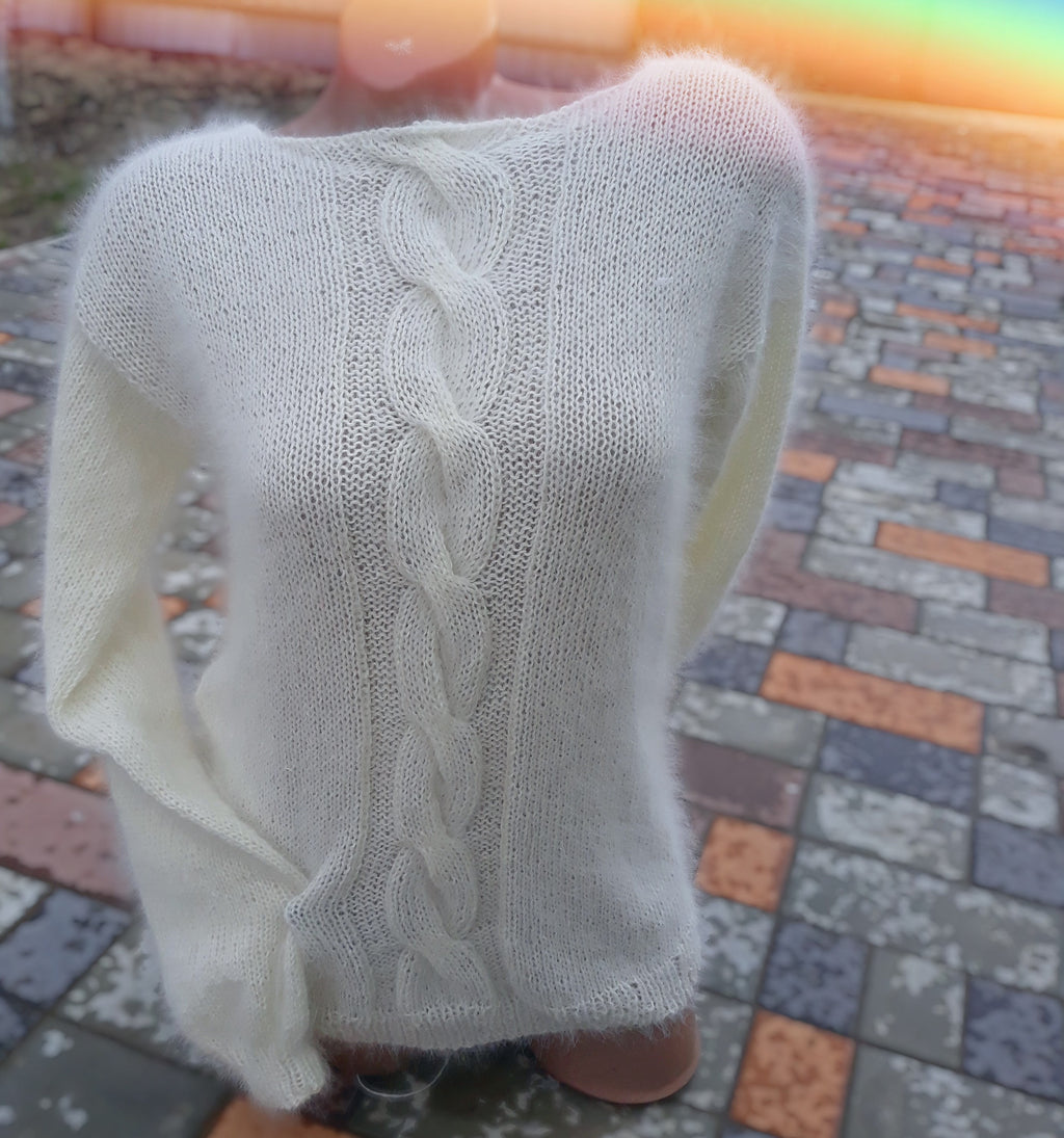 White Milk angora sweater Open back Deep neckline Knit fluffy angora pullover Loose fit oversized V-neck Top long sleevs Cozy gift her