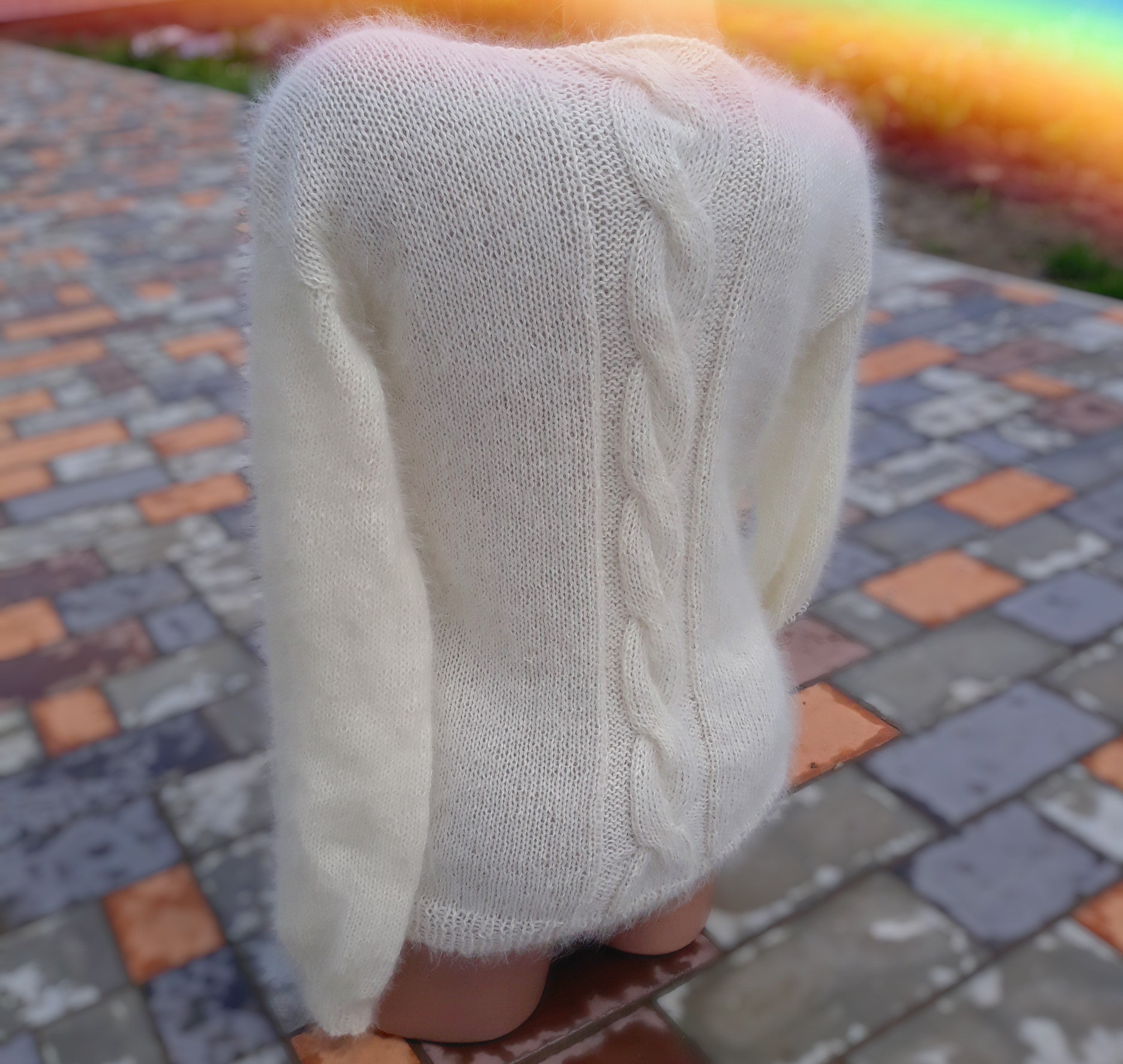 White milk angora sweater Open back Deep neckline Knit fluffy angora pullover Loose fit oversized V-neck Fluffy Top long sleevs Cozy gift