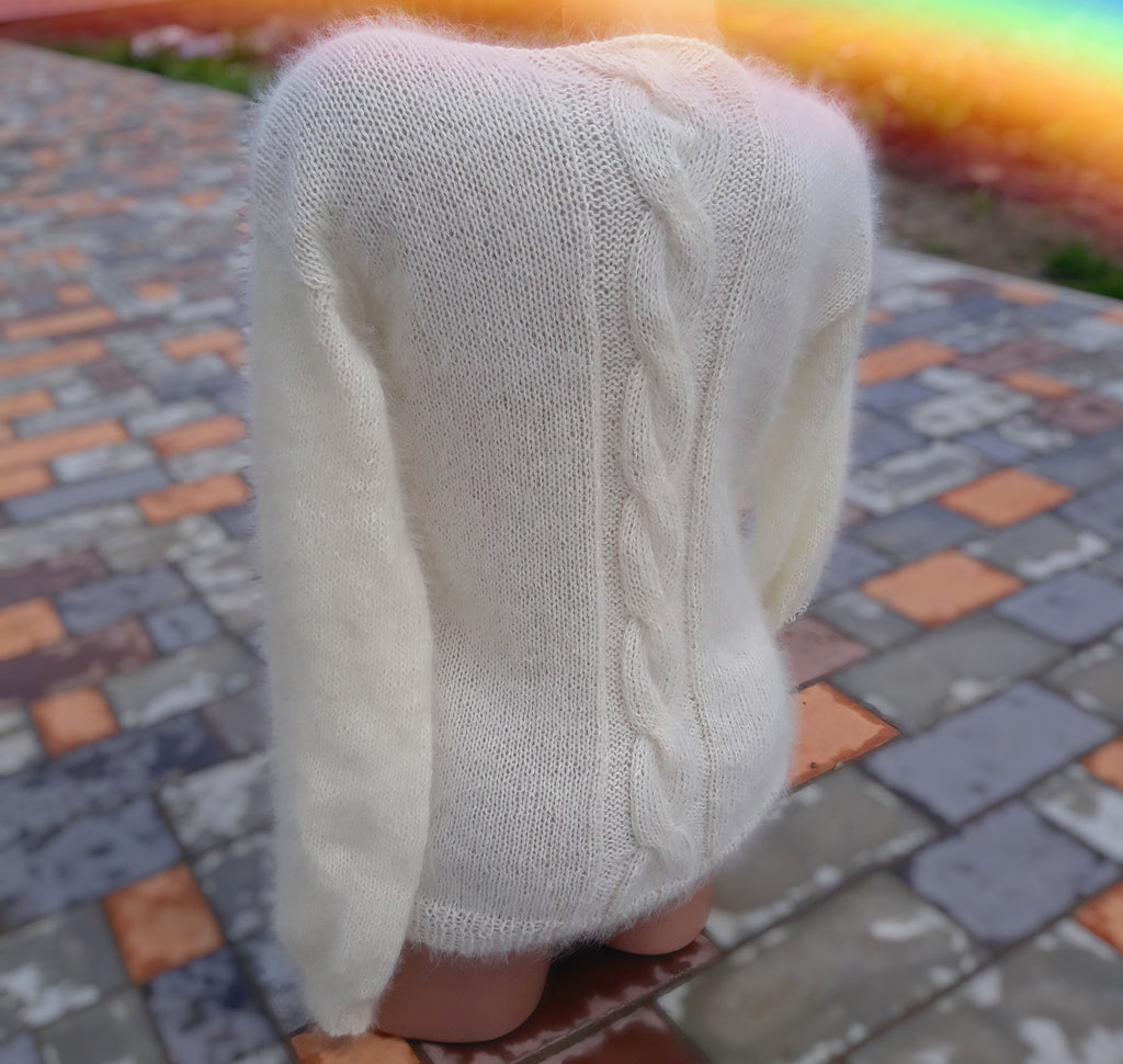 White milk angora sweater Open back Deep neckline Knit fluffy angora pullover Loose fit oversized V-neck Fluffy Top long sleevs Cozy gift