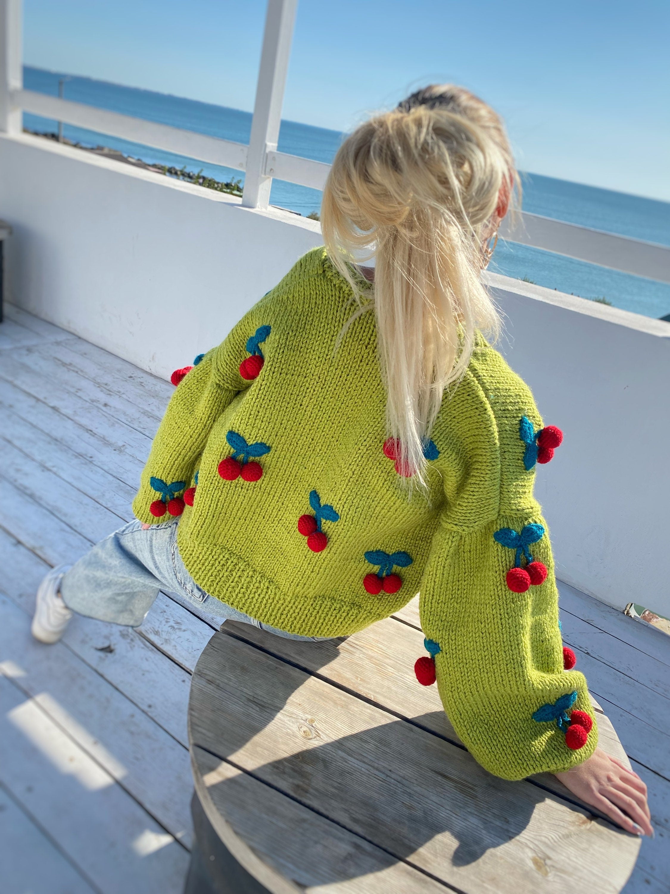 Green knit crop cherry cardigan Strawberry cardigan Chunky cardigan Knitted crop sweater Loose sweater famous cardigan Unique gifts for her