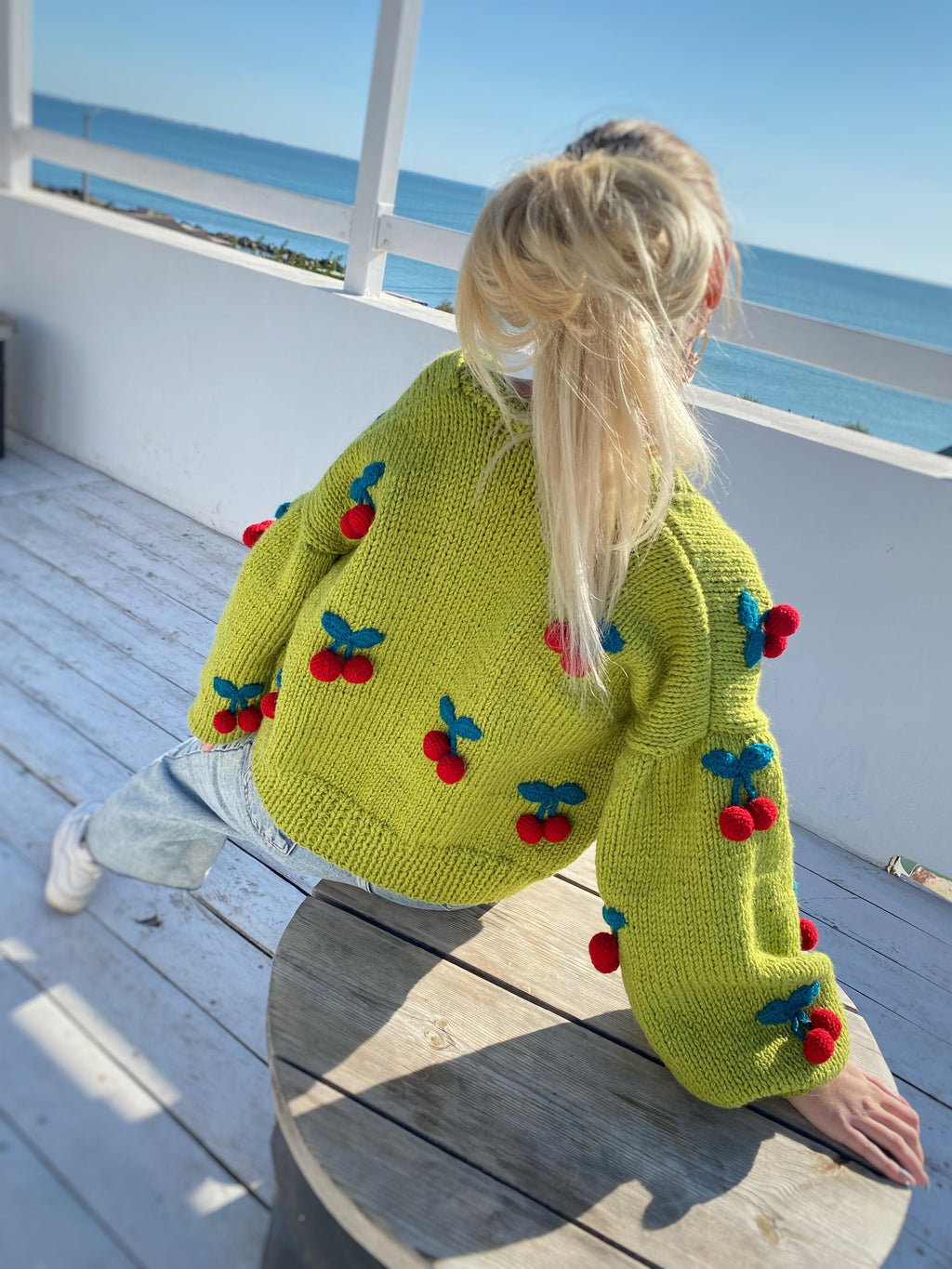 Green hand knit crop wool Cherry Cherries cardigan Strawberry cardigan Chunky cardigan Knitted crop sweater Loose sweater famous cardigan
