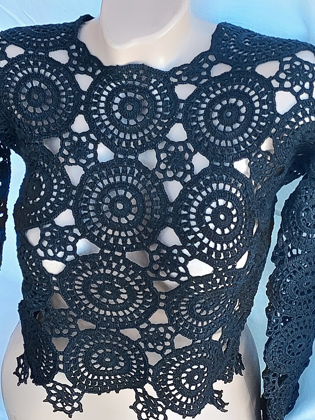 Crochet blouse Lace crochet top Crochet sweater Vintage crochet black white lace Long sleeve top 70s Boho Women Knit blouse gift for her