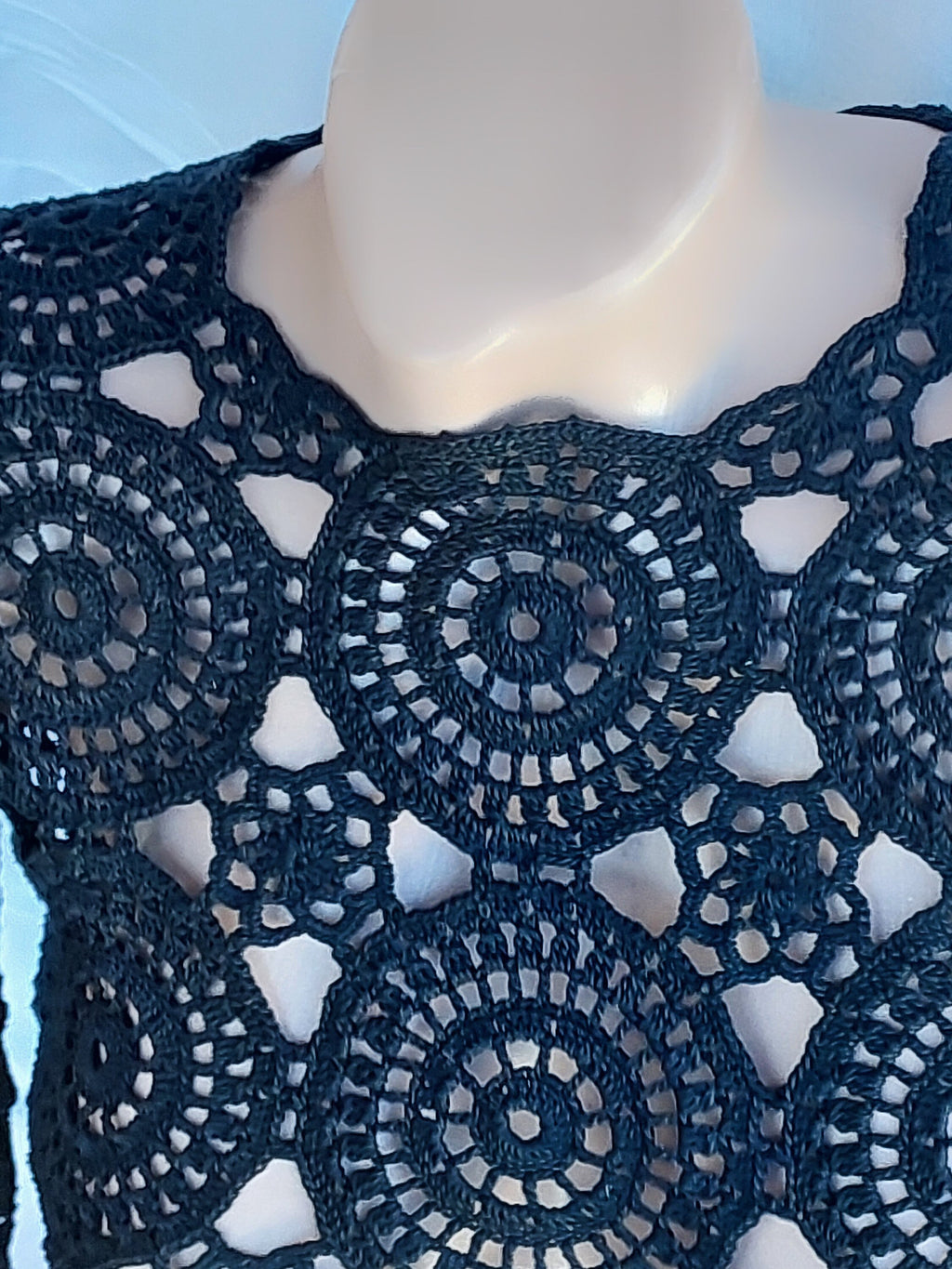 Crochet blouse Lace crochet top Crochet sweater Vintage crochet black white lace Long sleeve top 70s Boho Women Knit blouse gift for her