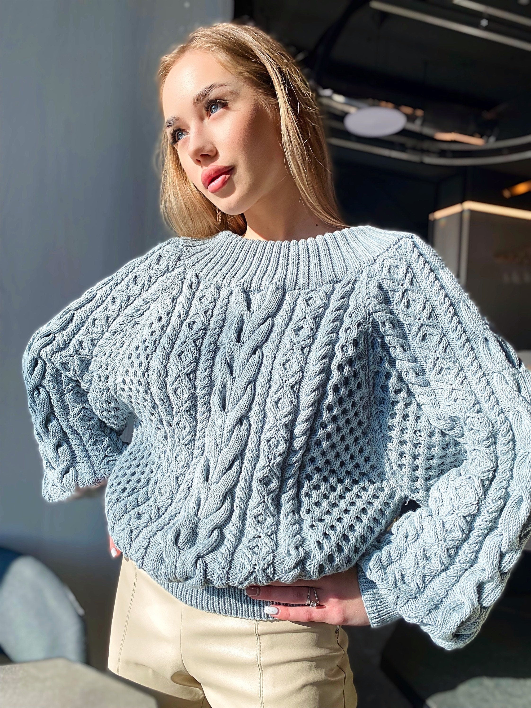 Organic cotton grey hand knit sweater Blue Loose Oversize Knitted Sweater Blue Sweater one shoulder Knit blouse Eco chunky knit pullover