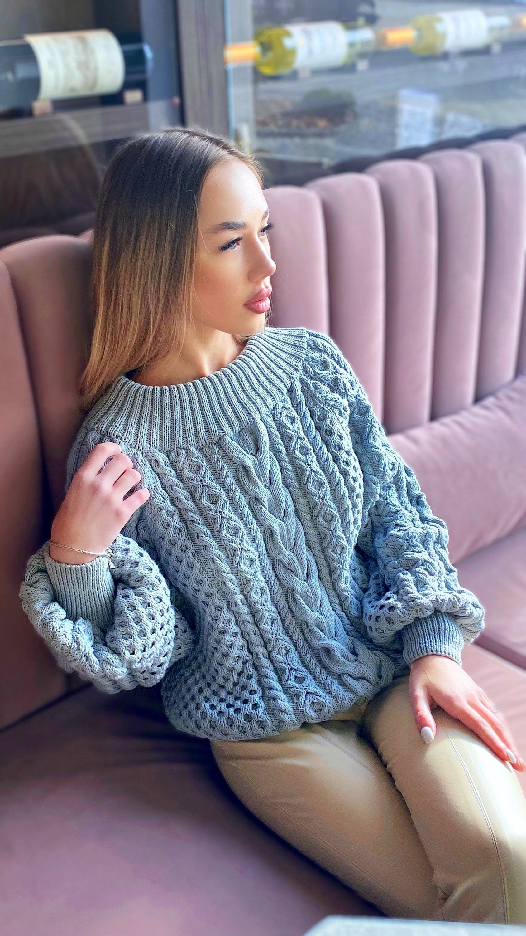 Organic cotton grey hand knit sweater Blue Loose Oversize Knitted Sweater Blue Sweater one shoulder Knit blouse Eco chunky knit pullover