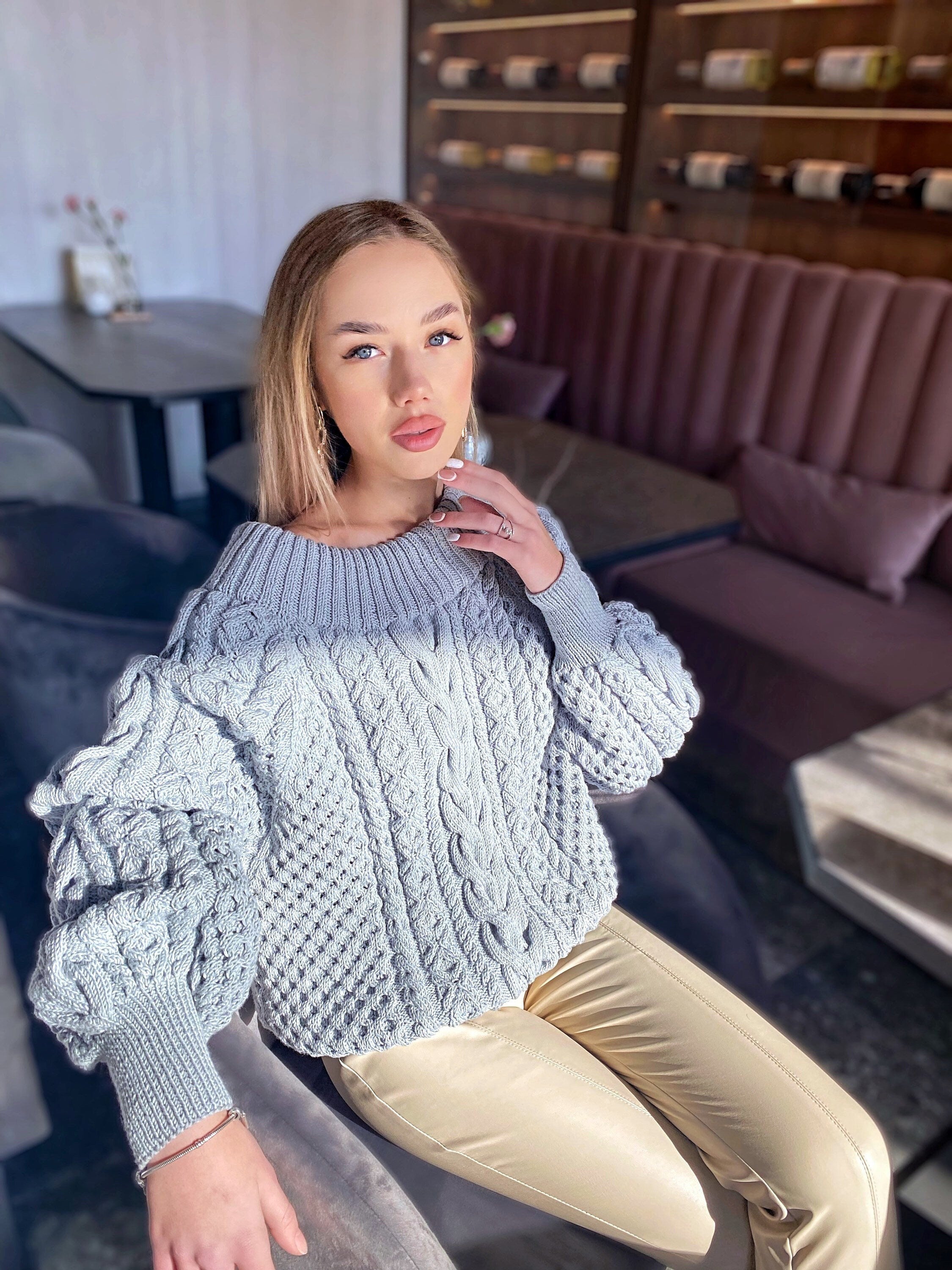 Organic cotton grey hand knit sweater Blue Loose Oversize Knitted Sweater Blue Sweater one shoulder Knit blouse Eco chunky knit pullover