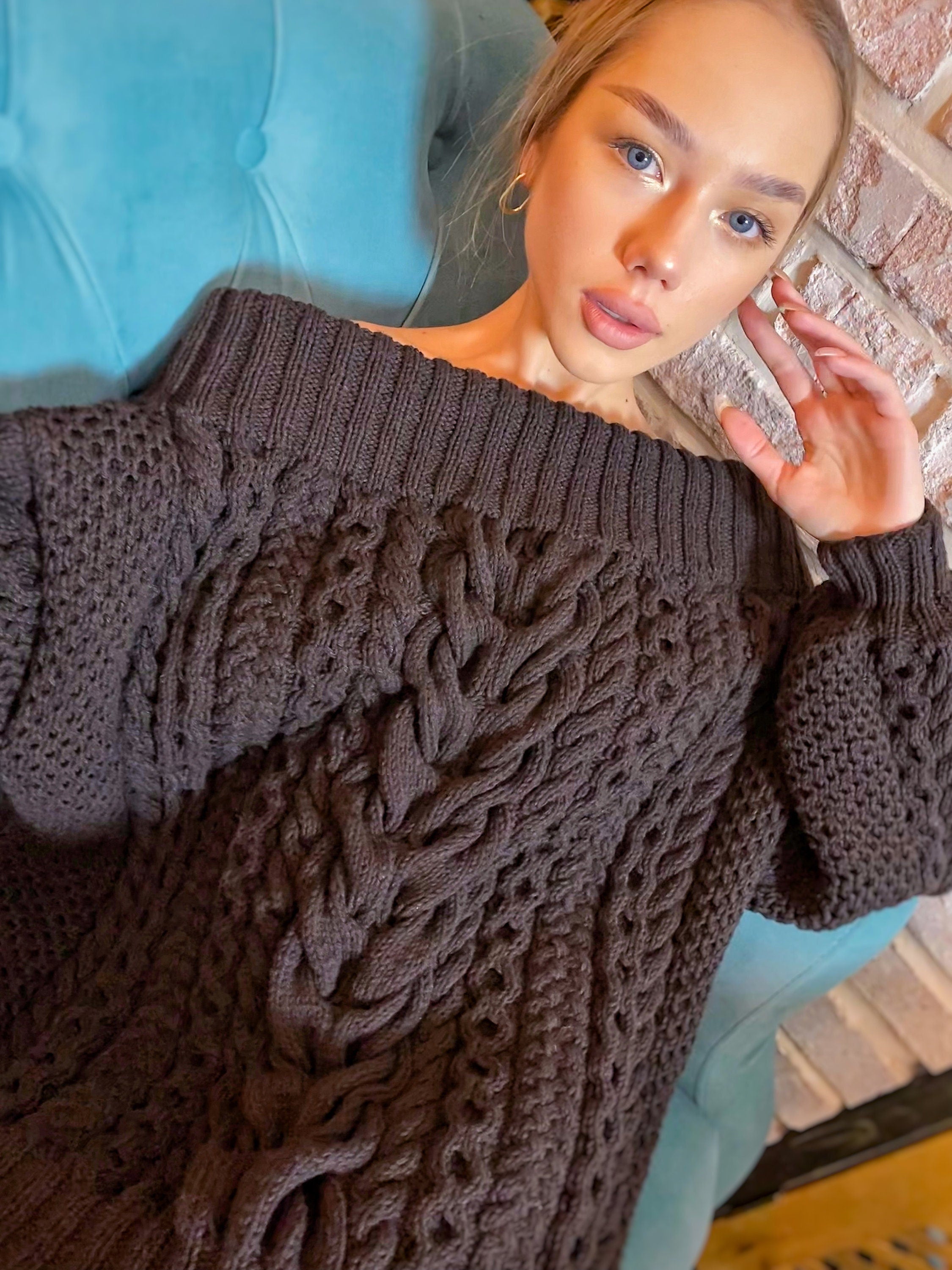 Hand knit sweater dress for women Black White cable sweater dress open shoulders Long women’s wool sweater braids knit dress one shoulder