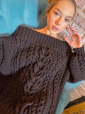 Hand knit sweater dress for women Black White cable sweater dress open shoulders Long women’s wool sweater braids knit dress one shoulder