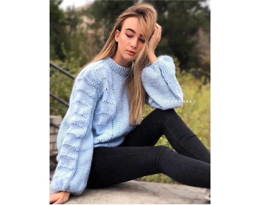 Knitted Winter Womens Mohair Sweater Light Blue Blue Pink Long Sleeve Knitted Pullover Fluffy Puff Sleeve Sweater