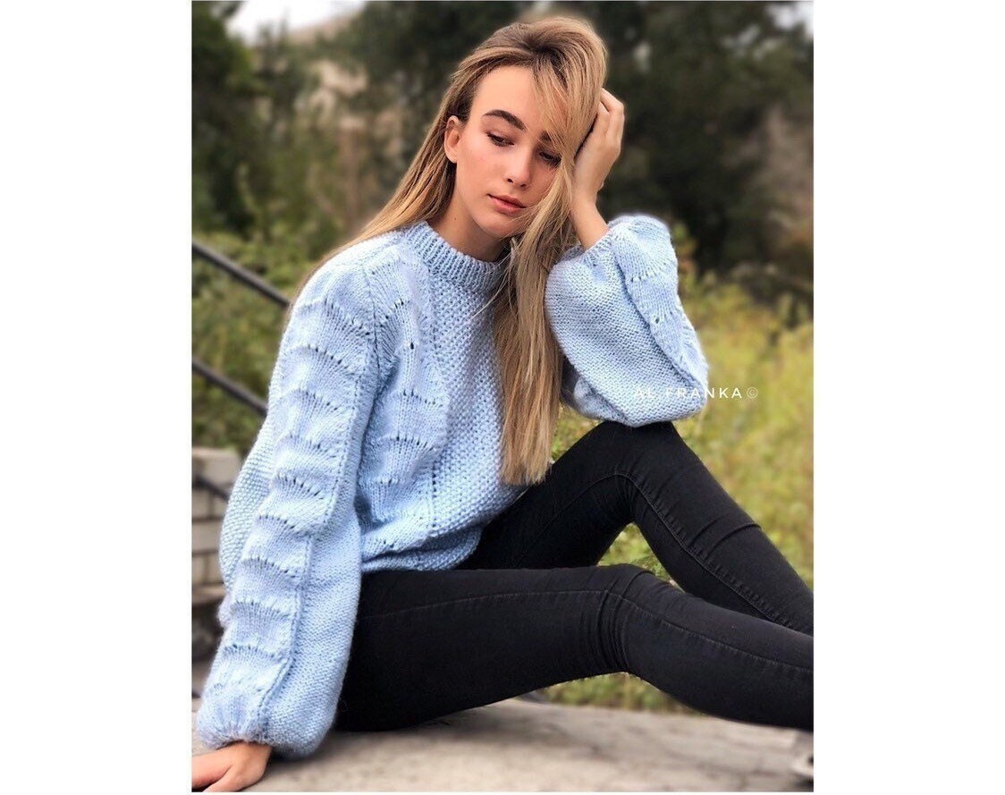 Knitted Winter Womens Mohair Sweater Light Blue Blue Pink Long Sleeve Knitted Pullover Fluffy Puff Sleeve Sweater