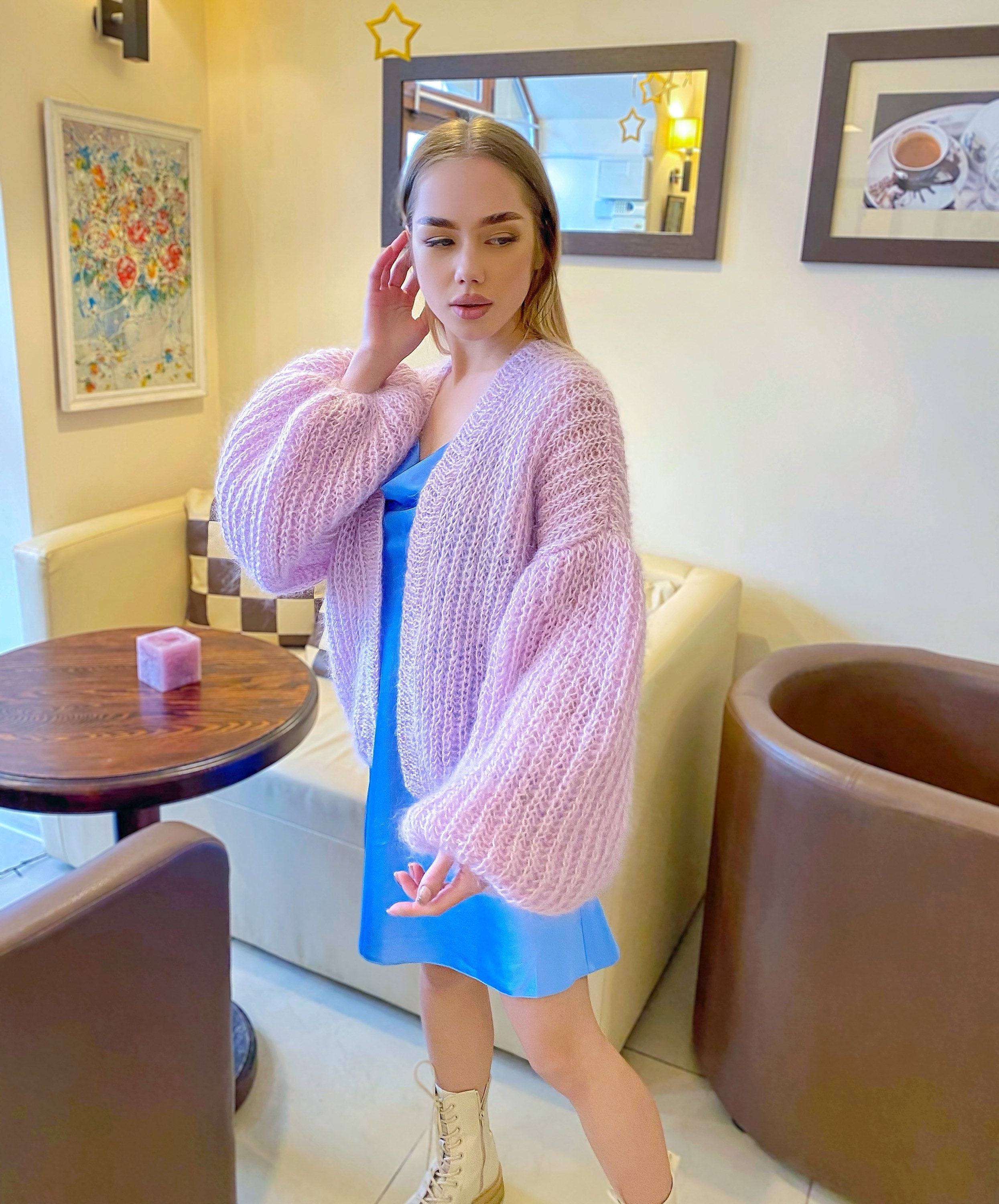 Wedding bolero Mohair cardigan Wedding Cardigan Wool fluffy cape Bridal jackets hawl Knitted jacket Lilac mohair cable knit sweater
