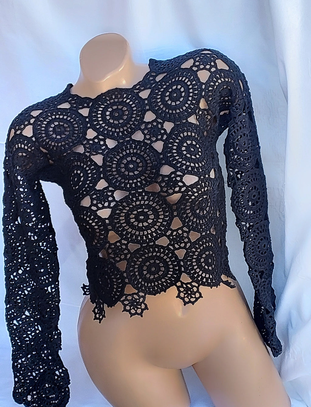 Crochet blouse Lace crochet top Crochet sweater Vintage crochet black white lace Long sleeve top 70s Boho Women Knit blouse gift for her