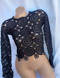 Crochet blouse Lace crochet top Crochet sweater Vintage crochet black white lace Long sleeve top 70s Boho Women Knit blouse gift for her